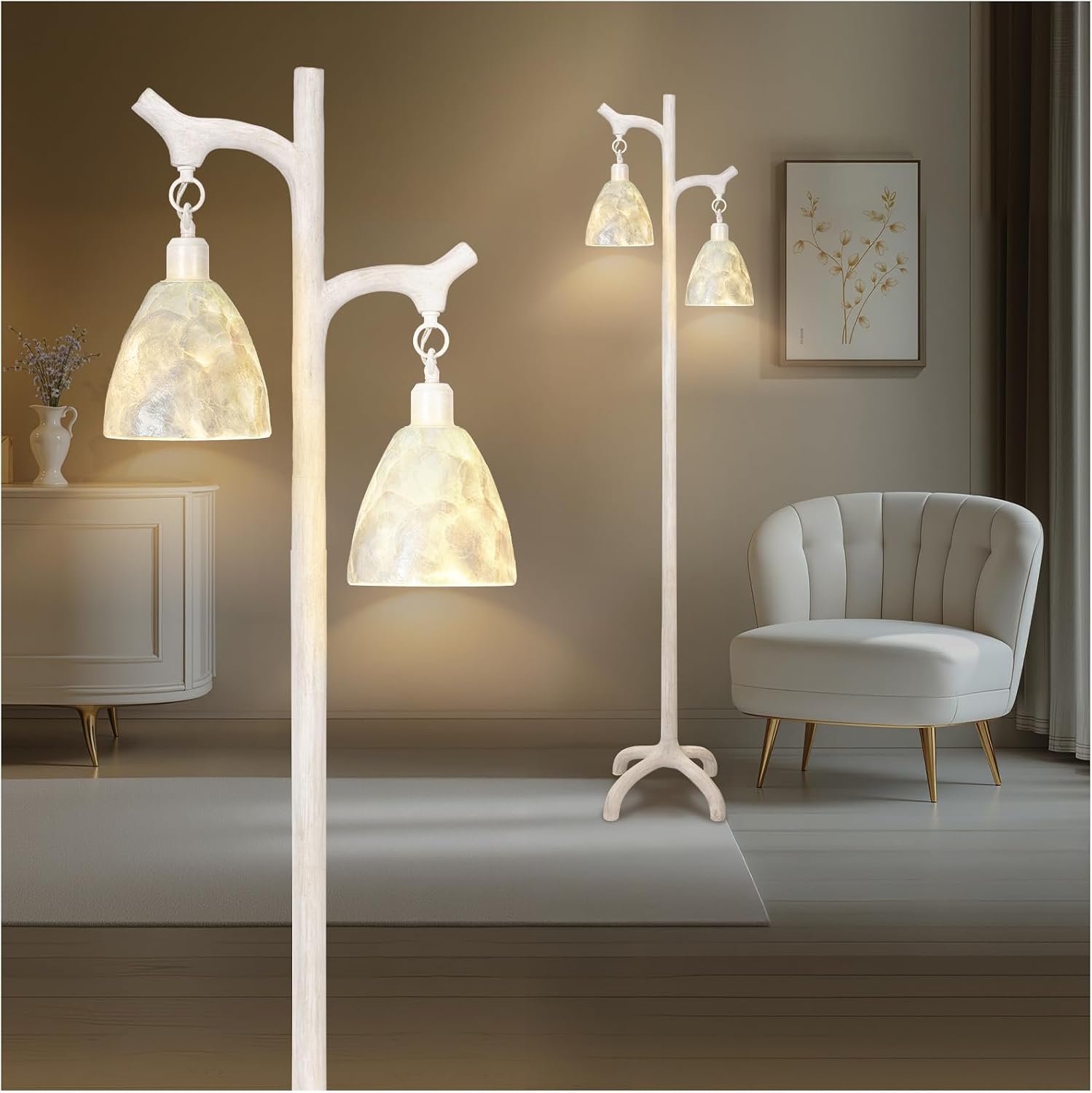 68' Washed White Rustic Floor Lamp with Soft Pearl Shell Lamp Shade for Living Room, Standing Lamp for Bedroom, Farmhouse Floor Lamp Stepless Dimmable Tree Trunk Tall Lamp for Bedroom (Bulb Included)