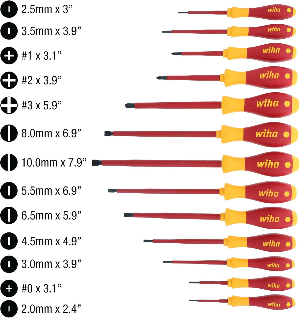 Wiha 32094 Slotted & Phillips Insulated Screwdriver Set, 13 Piece, 1000V VDE, SoftFinish Handle, Black Oxide