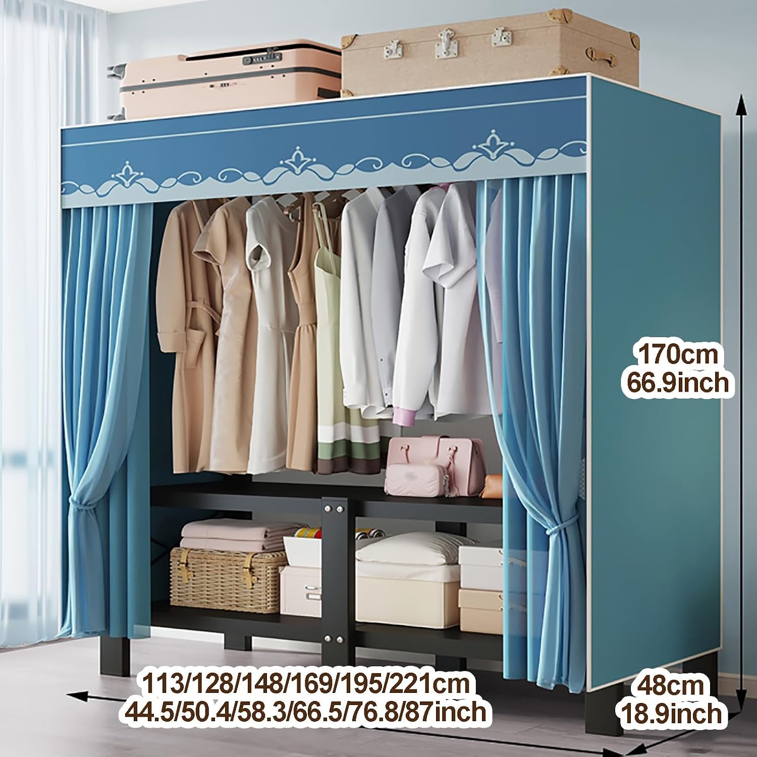 Portable Wardrobe Closet, Garment Rack With Cover, Foldable Clothes Rack For Hanging, Metal Clothing Storage Organizer For Bedroom, Freestanding Coat Storage Rack(Grey,128cm/50.4nch)