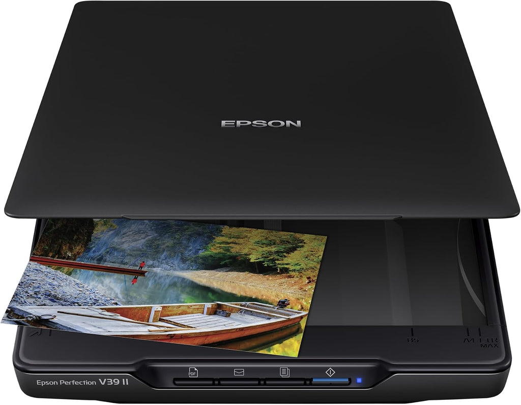 Epson Perfection V39 II Color Photo and Document Flatbed Scanner with 4800 dpi Optical Resolution Image Scanning, High-Rise Removable Lid, Scan to Cloud and USB Power, Black