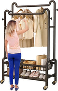 Multifunctional Bedroom Garment Rack on Wheels, Freestanding Clothing Organizer Rack, with Bottom Shelf and Hooks, for Coats, Shirts, Dress