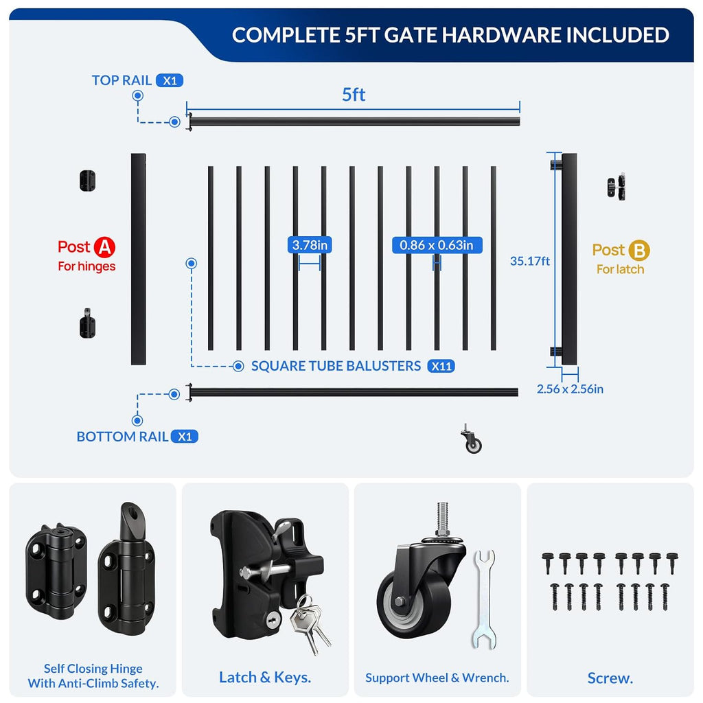 Egadis 35in. H x 5ft. W Aluminum Deck Gate Kit with Caster, Hinges & Lock — Cuttable AAMA2604 Black Textured Powder-Coated Outdoor Fence Gate for Decks, Patios, Backyards, Porches
