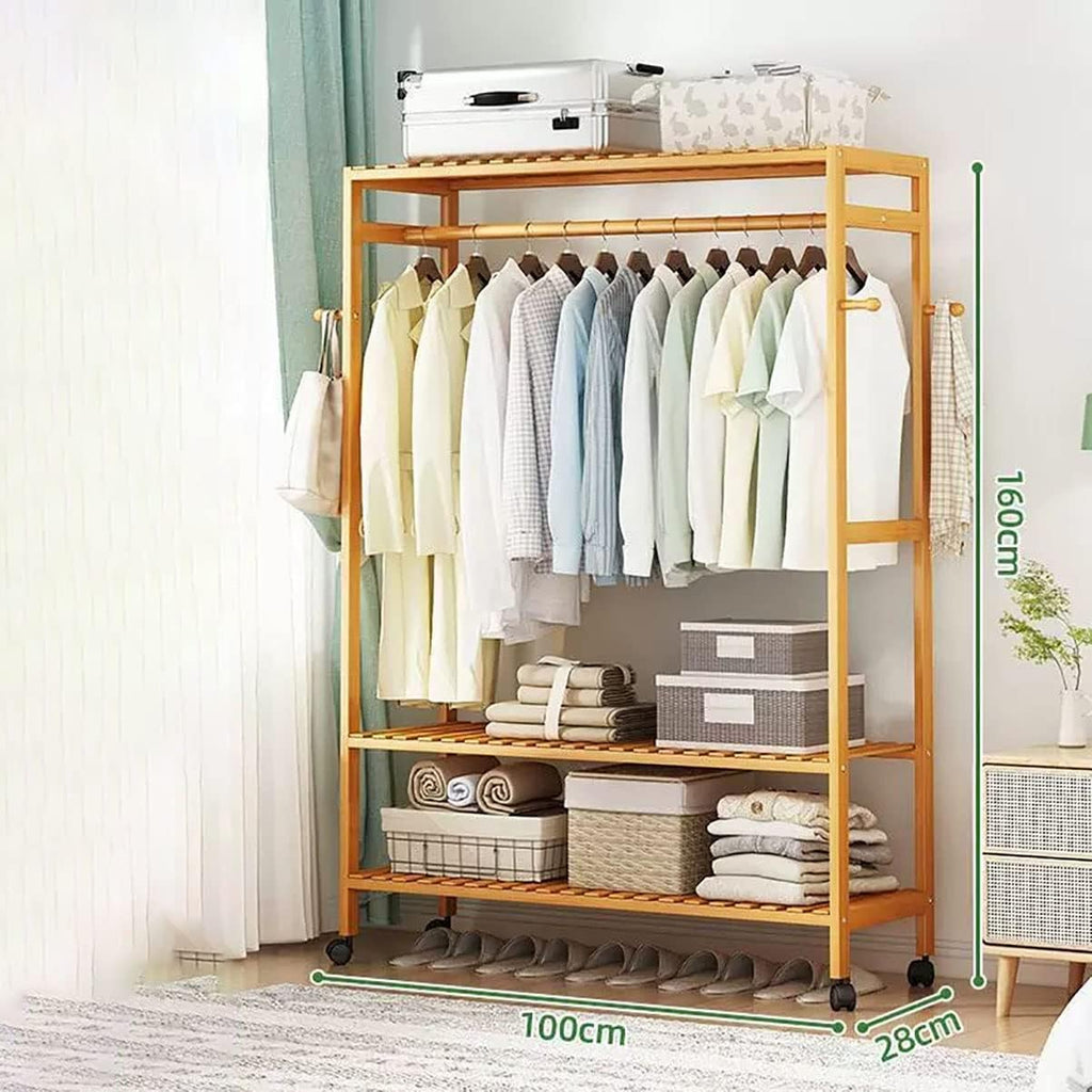 Garment Rail Shoe Bench Coat Stand Rack Hanger Wooden Coat Rack Freestanding Garment Rack With 3 Storage Shelves And 4 Hooks, Coat Rack With 360° Wheels For Entryway, Hallway, Bedroom And L