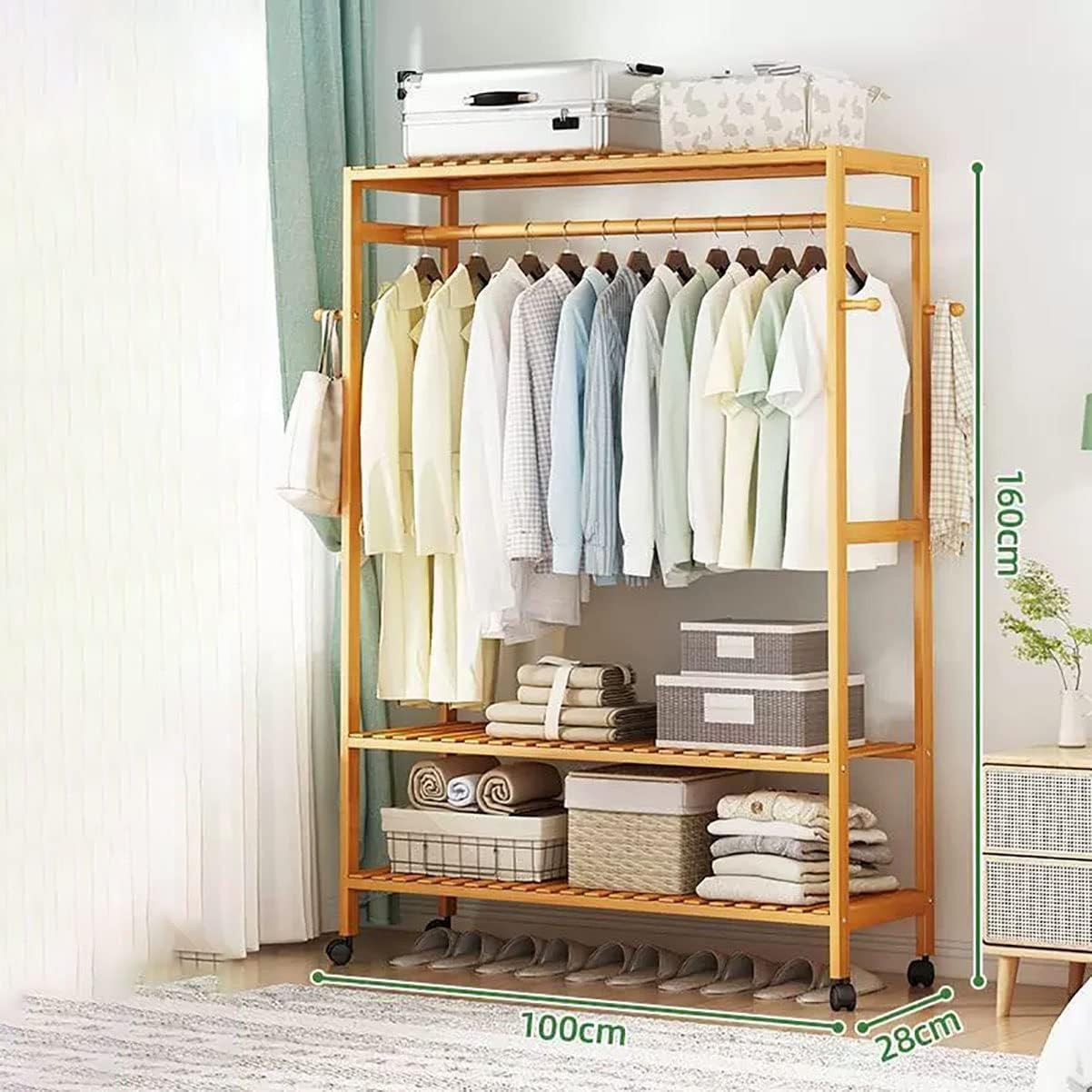 Garment Rail Shoe Bench Coat Stand Rack Hanger Wooden Coat Rack Freestanding Garment Rack With 3 Storage Shelves And 4 Hooks, Coat Rack With 360° Wheels For Entryway, Hallway, Bedroom And L
