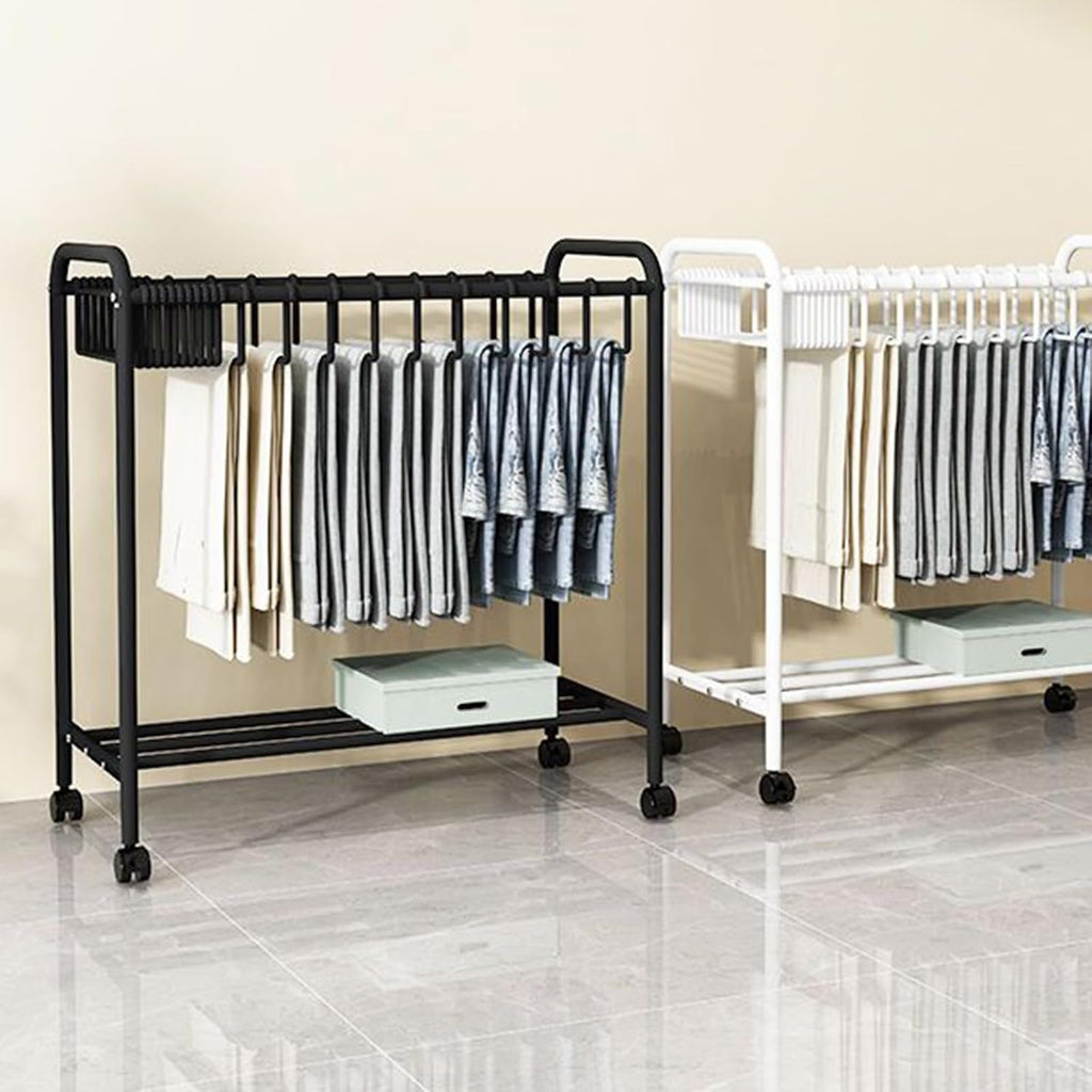 Freestanding Garment Rack with Movable Trouser Hanger, Multi-Functional Clothing Storage Rack for Bedroom, Slacks Organizer with Wheels (White)
