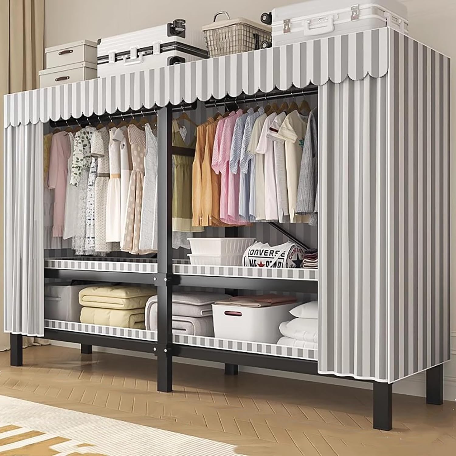 Portable Wardrobe Closet Rack,Heavy-Duty Foldable Garment Rack with Cover, Freestanding Clothes Organizer System,Enclosed Curtain Armoires for Bedroom(B,125cm/49in)