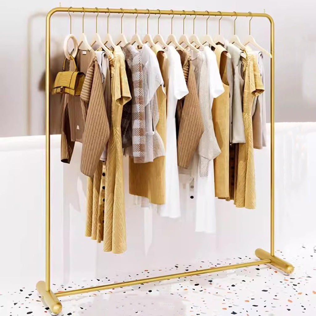 Heavy duty Garment rack Nordic Modern Clothing Rack With T-shaped Base Golden Wrought Iron Clothes Rail For Hanging Clothes Freestanding Coat Rack For Bedrooms Commercial Clothes Display Rack ( 120X4
