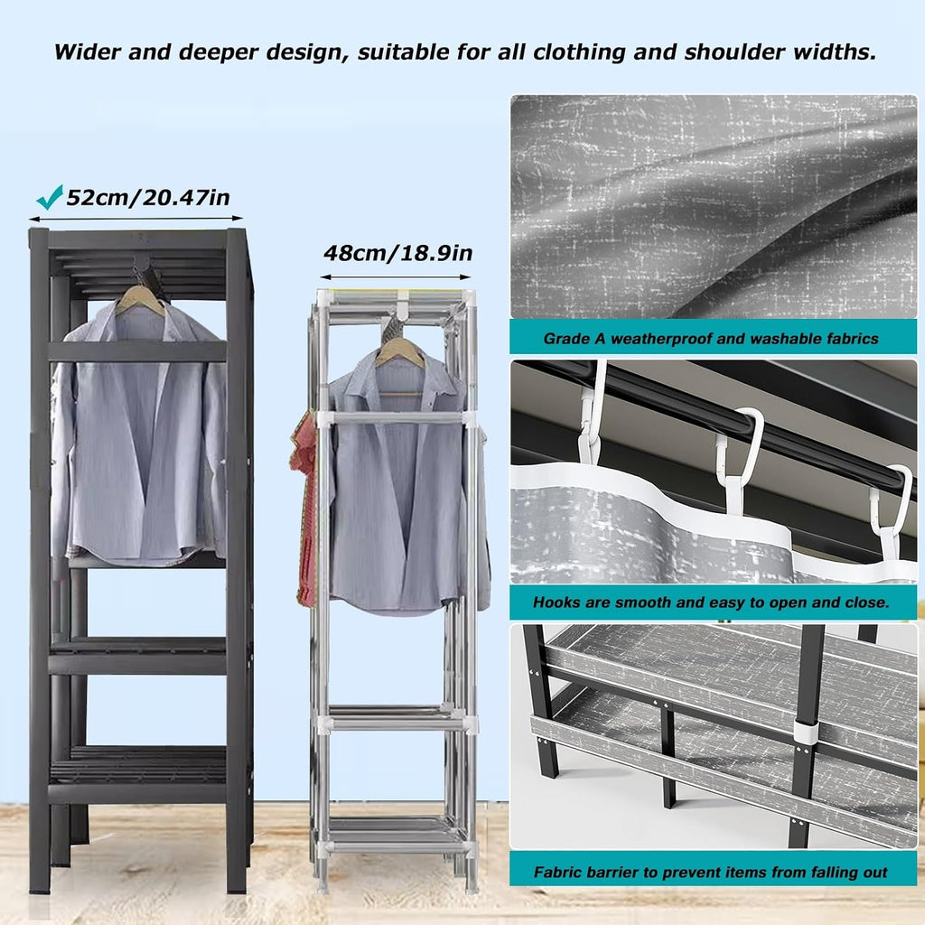 Foldable Covered Garment Rack Max 2000lbs Heavy Duty Metal Clothing Rack with Wheel, 2 Hanging Rods, Cotton Cover, Portable Wardrobe Closets for Bedroom