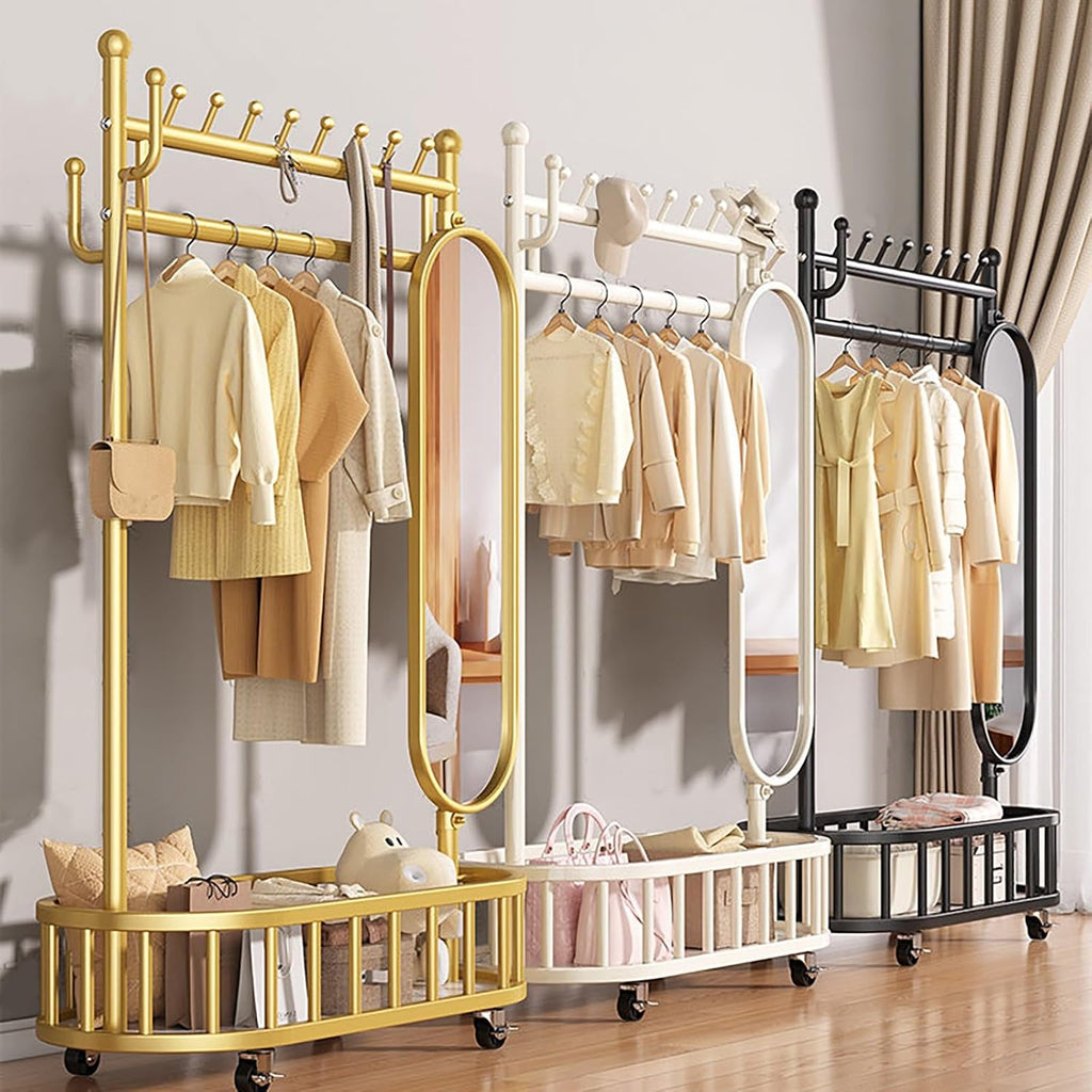 Clothes Rack With Mirror & Storage Basket,Garment Racks With Wheel,Large Metal Rolling Clothing Racks For Hanging Clothes,Shirts Jeans And Coats(Gold,80cm/31.5in)