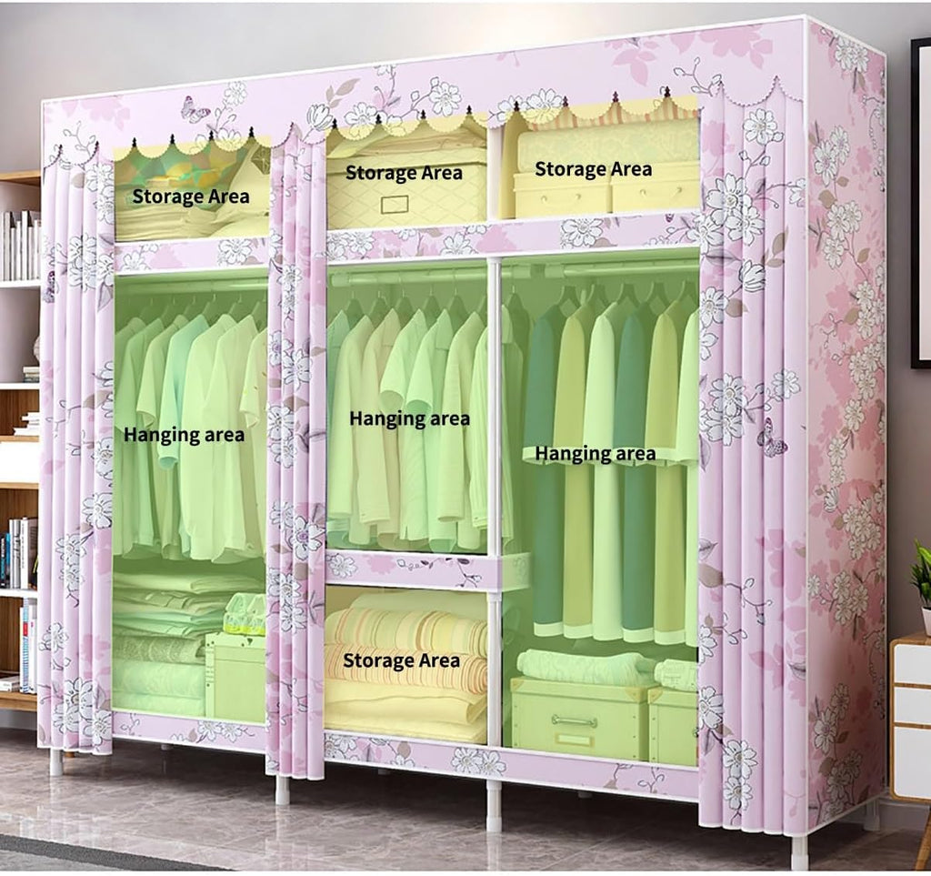 Covered Garment Rack Metal Clothes Rack With Fabric Cover Freestanding Wardrobe Closet With 3 Hanging Rods And 4 Storage Shelves For Bedroom (Color : Purple, Size : 168x45x172cm)