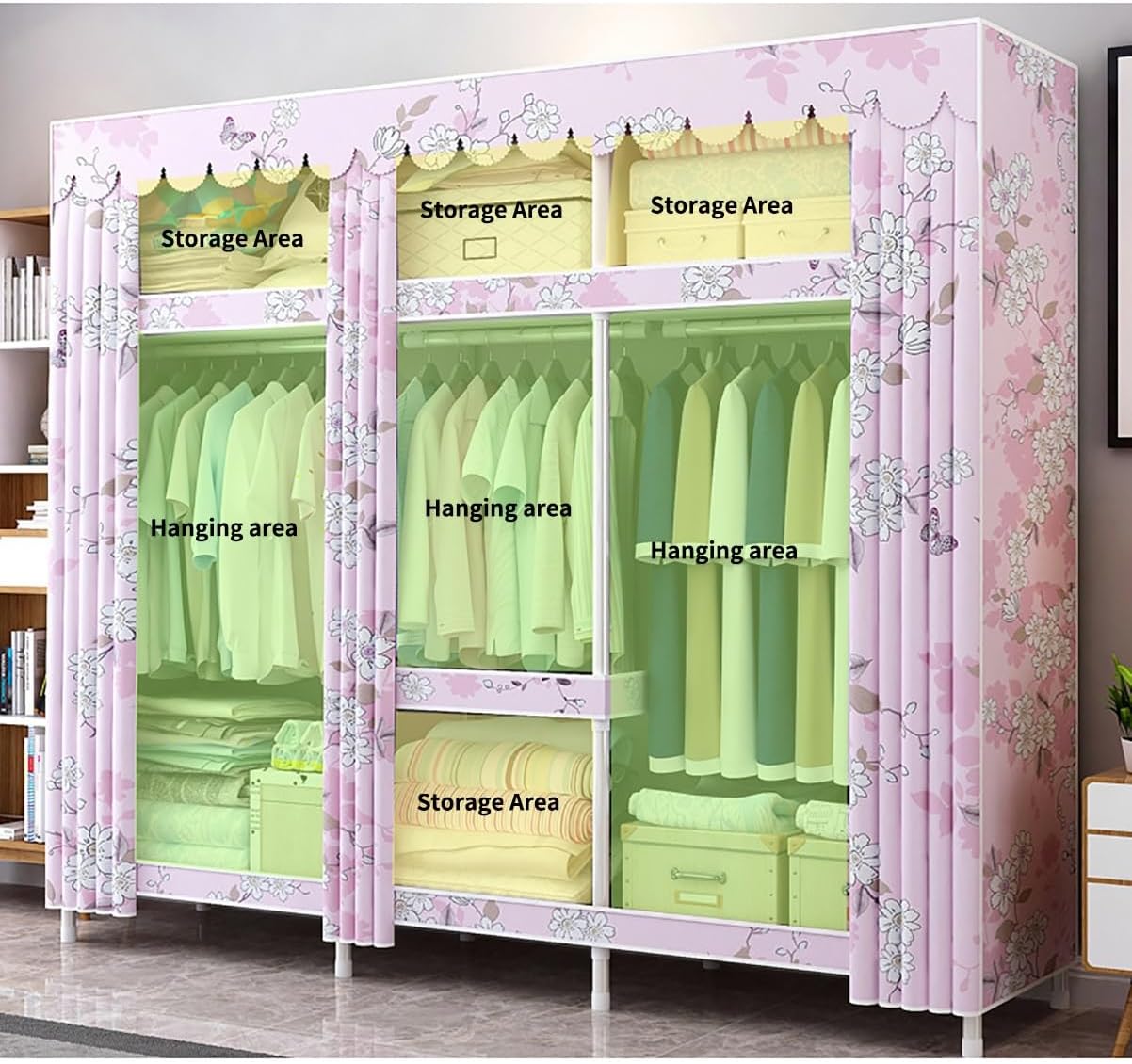 Covered Garment Rack Metal Clothes Rack With Fabric Cover Freestanding Wardrobe Closet With 3 Hanging Rods And 4 Storage Shelves For Bedroom (Color : Purple, Size : 168x45x172cm)