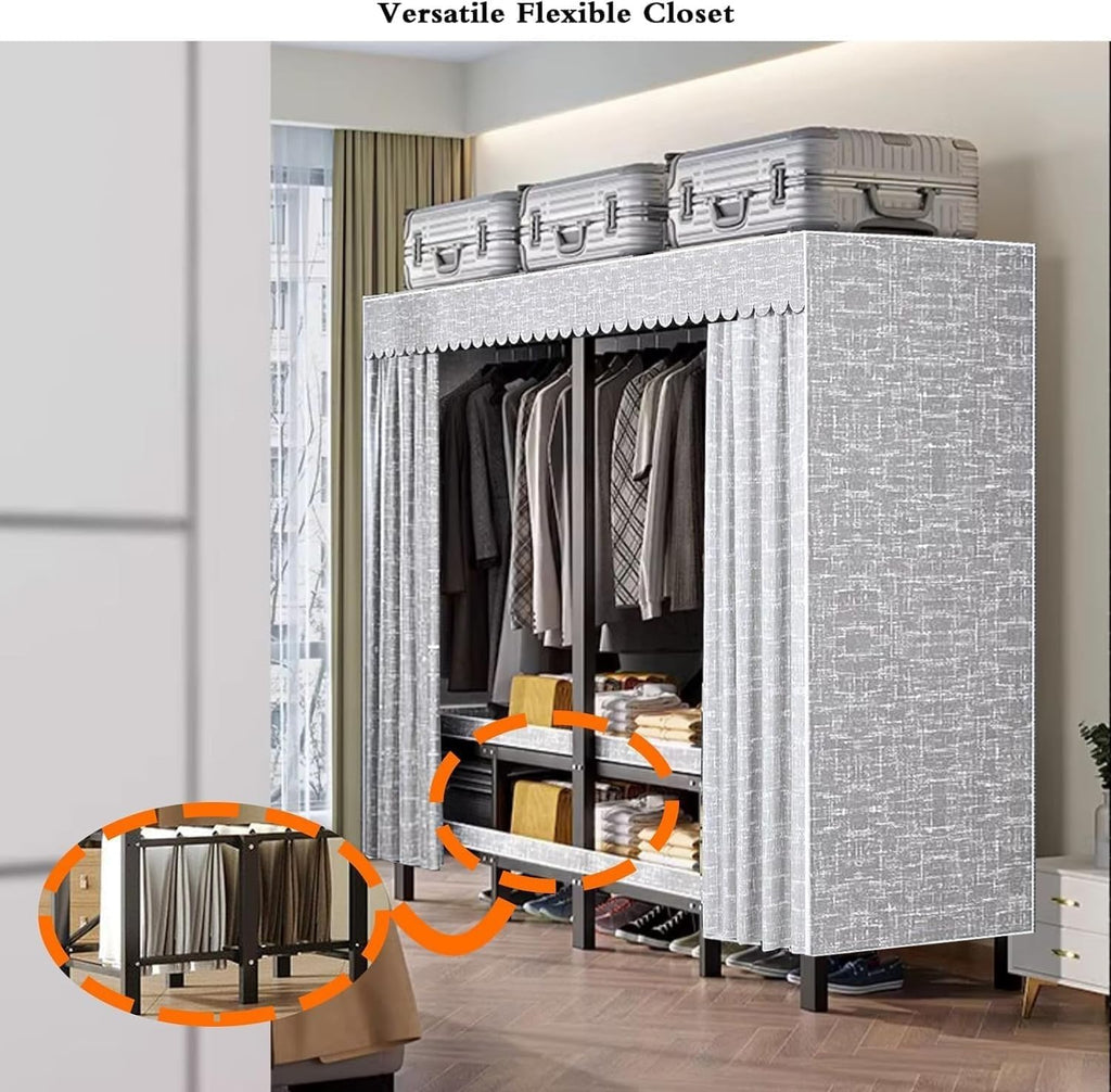 Metal Closet Rack, 59in Foldable Clothe Rack with Cover Heavy-Duty Portable Wardrobe Closet for Bedroom Armoires Freestanding Clothing Coat Storage Rack Garment Rack for Hanging Clothes