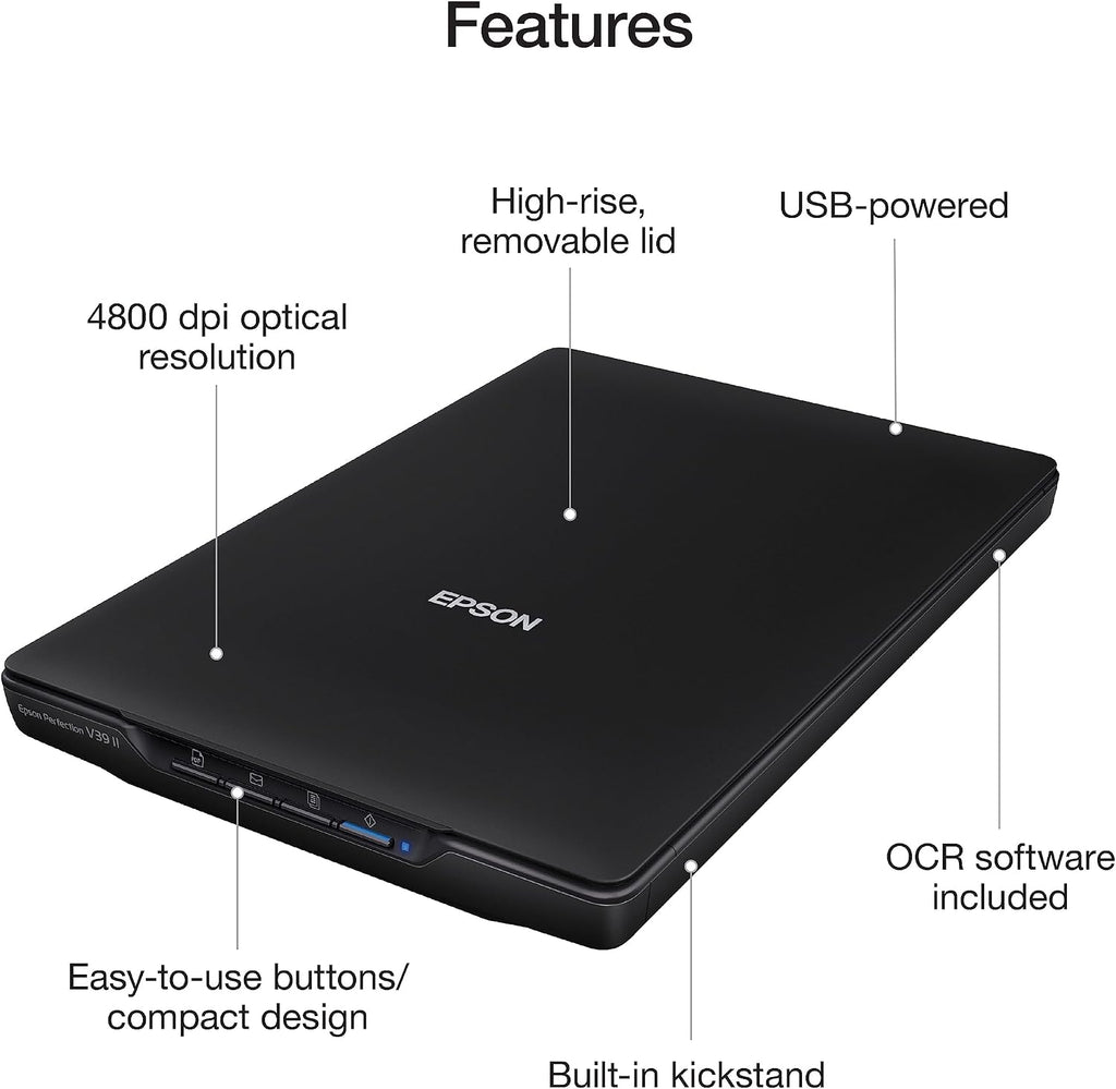Epson Perfection V39 II Color Photo and Document Flatbed Scanner with 4800 dpi Optical Resolution Image Scanning, High-Rise Removable Lid, Scan to Cloud and USB Power, Black