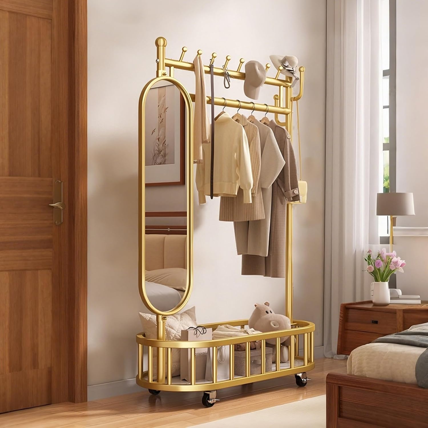 Clothes Rack With Mirror & Storage Basket,Garment Racks With Wheel,Large Metal Rolling Clothing Racks For Hanging Clothes,Shirts Jeans And Coats(Gold,100cm/39.4in)