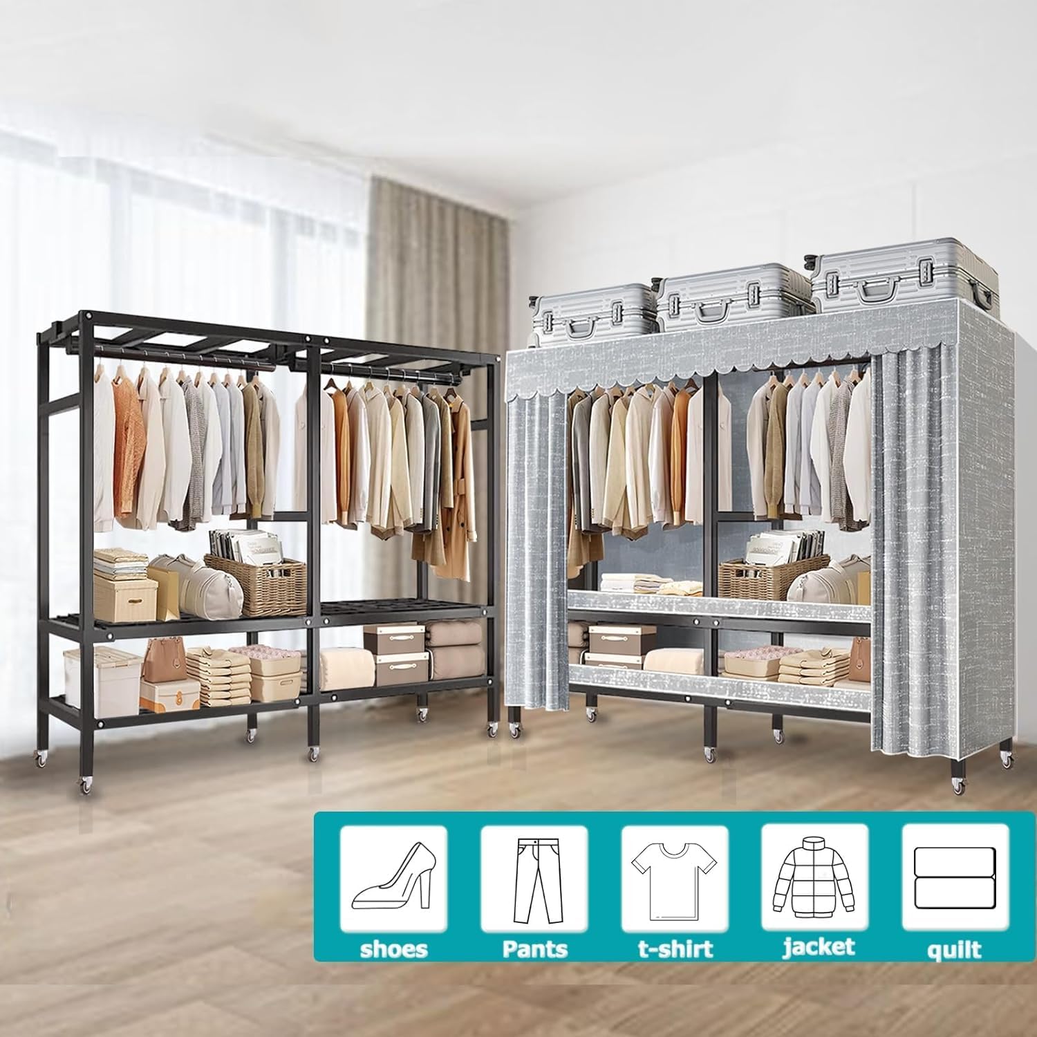 Heavy Duty Metal Clothing Rack With Wheel Max 2000lbs Foldable Covered Garment Rack Freestanding Armoires Portable Wardrobe Closets For Bedroom, 2 Hanging Rods,cotton Cover (Size : 59in)