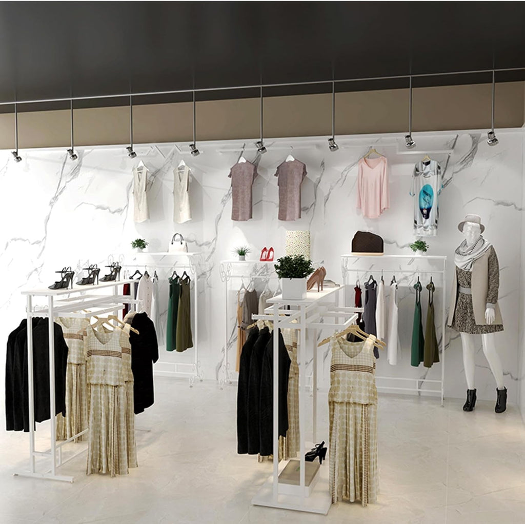 Heavy Duty Garment Rack, Clothing Display Stand for Retail Shops & Home Storage, Free Standing Metal Storage Rack with Shelf for Suits & Shirts