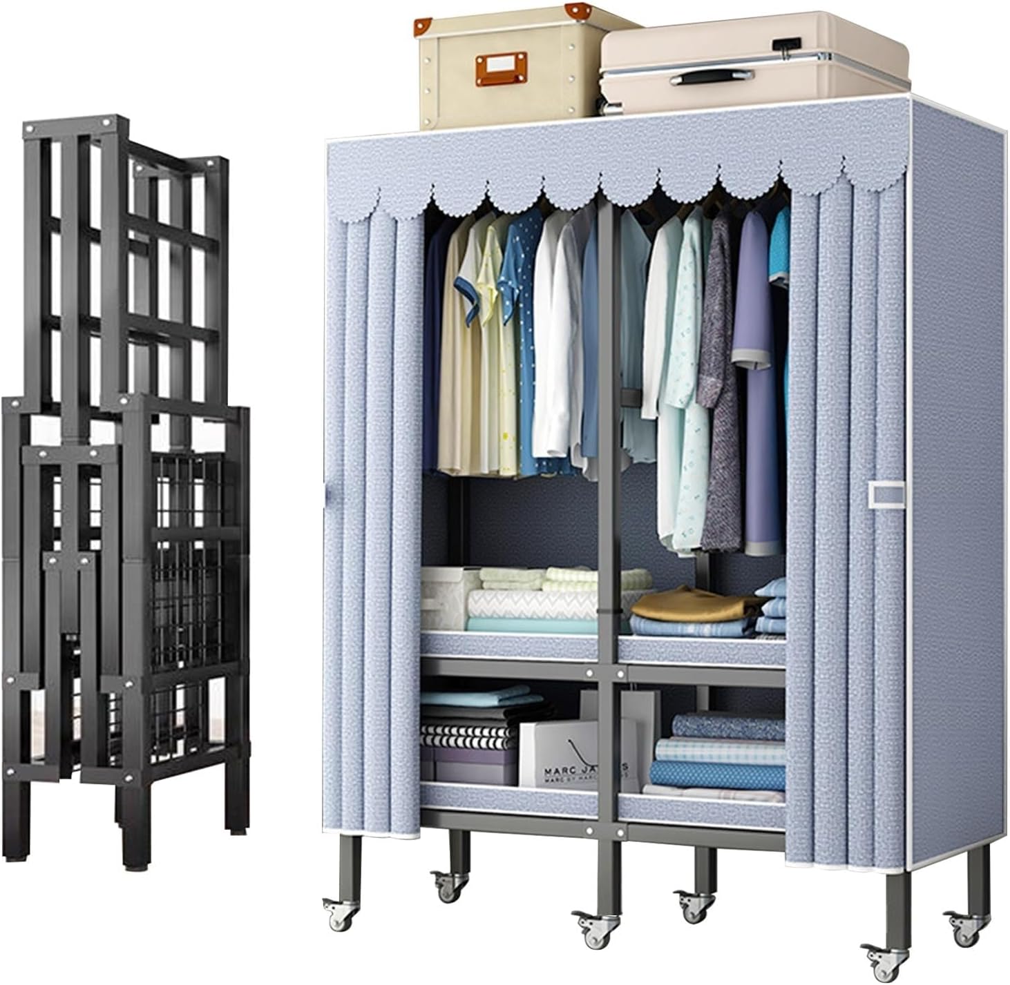 Heavy-Duty Portable Wardrobe Closet Rack For Storage ,1500lbs,Rolling Foldable Garment Rack With Cover And Wheels，Freestanding Clothes Organizer System For Bedroom LivingRoom Office ( Size : 130*50*18