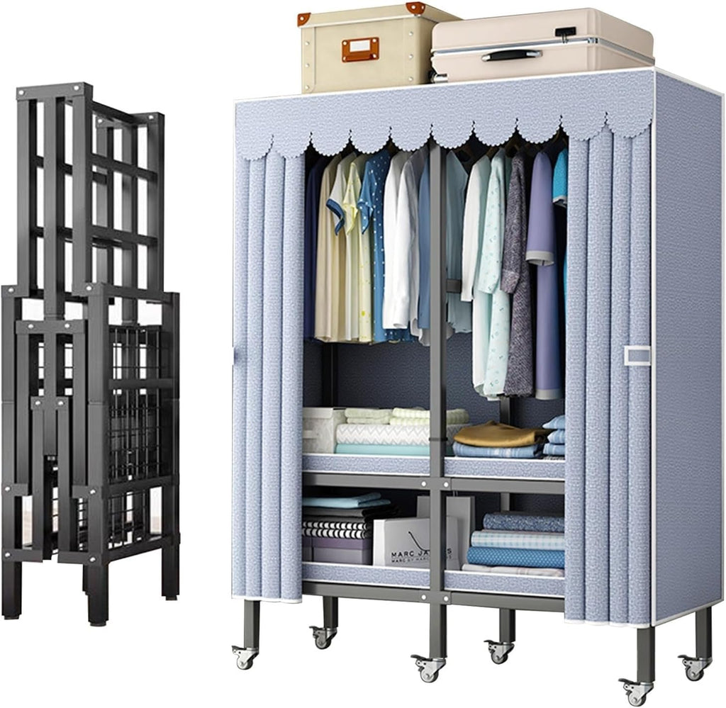 Large Capacity Wardrobe Rack - Rolling Foldable Garment Rack With Cover And Wheels, 1500 Lbs Heavy-Duty Portable Wardrobe Freestanding Clothes Organizer System For Bedroom Living Room Office ( Size :