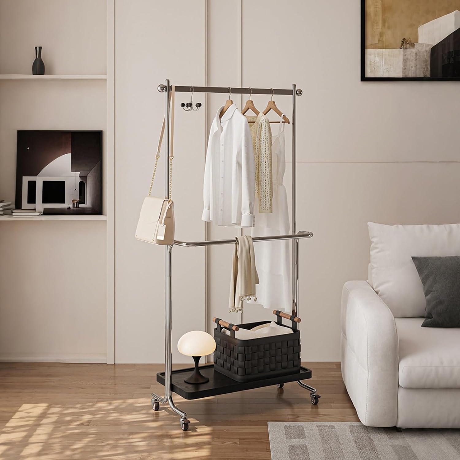 Double-Rod Stainless Steel Garment Rack,Clothes Racks With 4 Wheels,Portable,Solid Wood Shelf At Bottom,Can Hang Coats,Dresses,Shirts,Bags,Scarves(60cm/23.6in)