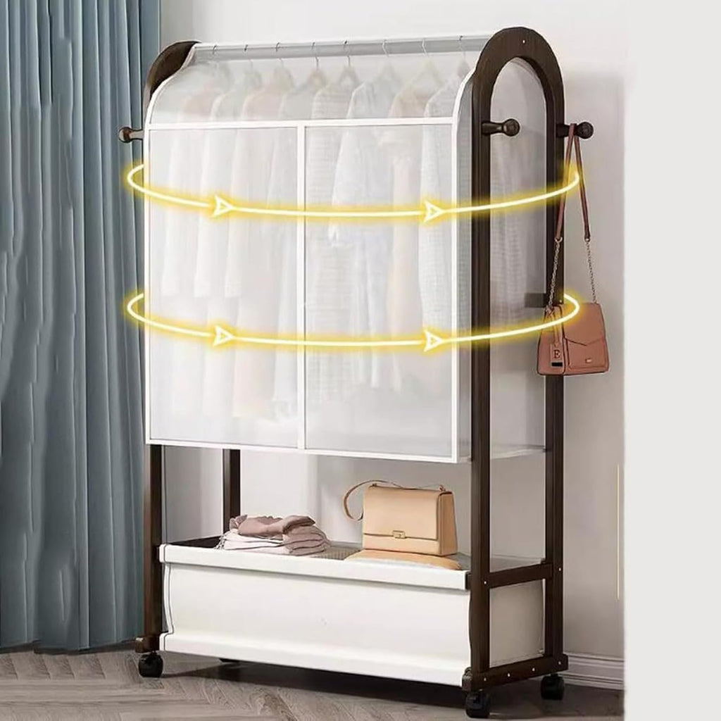 Bamboo Clothes Rails, Garment Rack On Wheels, Free Standing Garment Hanging Rails，with 1 Storage Bag with Dust Cover，for Dress, Pants, Shoes, for Bedroom Home Office(B,(50X32X165CM))