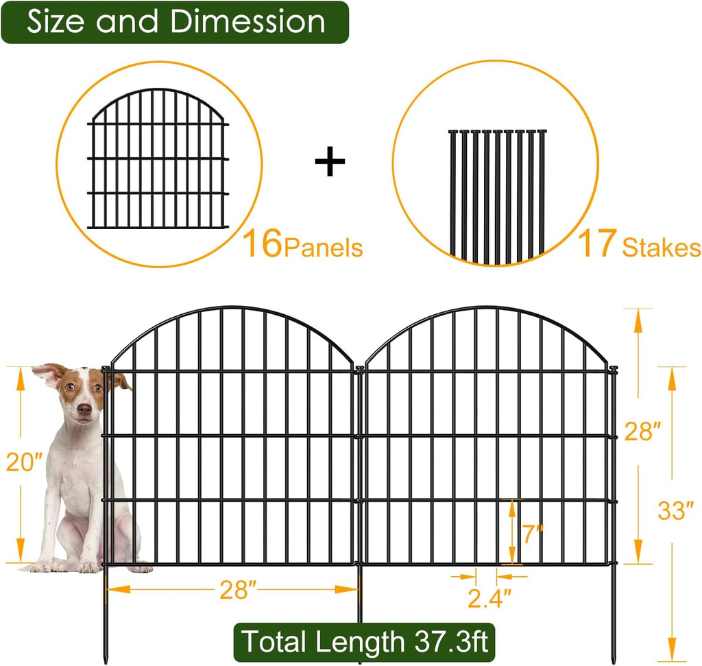 FOREHOGAR Metal Garden Fence 28in (H) x 37.3ft (L), 16 Panels + 17 Stakes Dog Fences Border Fence Animal Barrier, No Dig Garden Fencing for Yard Flower Bed Patio Outdoor, CTW2816 Black