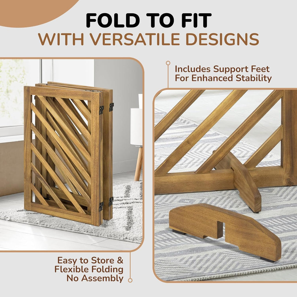 dCee Solid Acacia Wood Dog Gate, Freestanding Walk-Through Pet Gate, 81' 4-Panel Foldable Wooden Dog Gates with Door & 2 Support Legs for Doorways, Kitchen, Hall, Stairs, Indoor & Outdoor