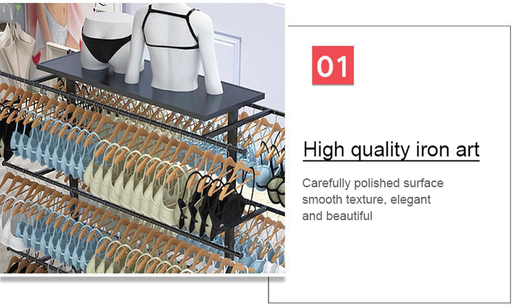 Heavy Duty Garment Rack Underwear Display Rack Organizer, Free Standing Metal Clothes Rack Storage Clothing Rack for Hanging Clothes, for Bag Skirts Socks U(Black-Length 120cm