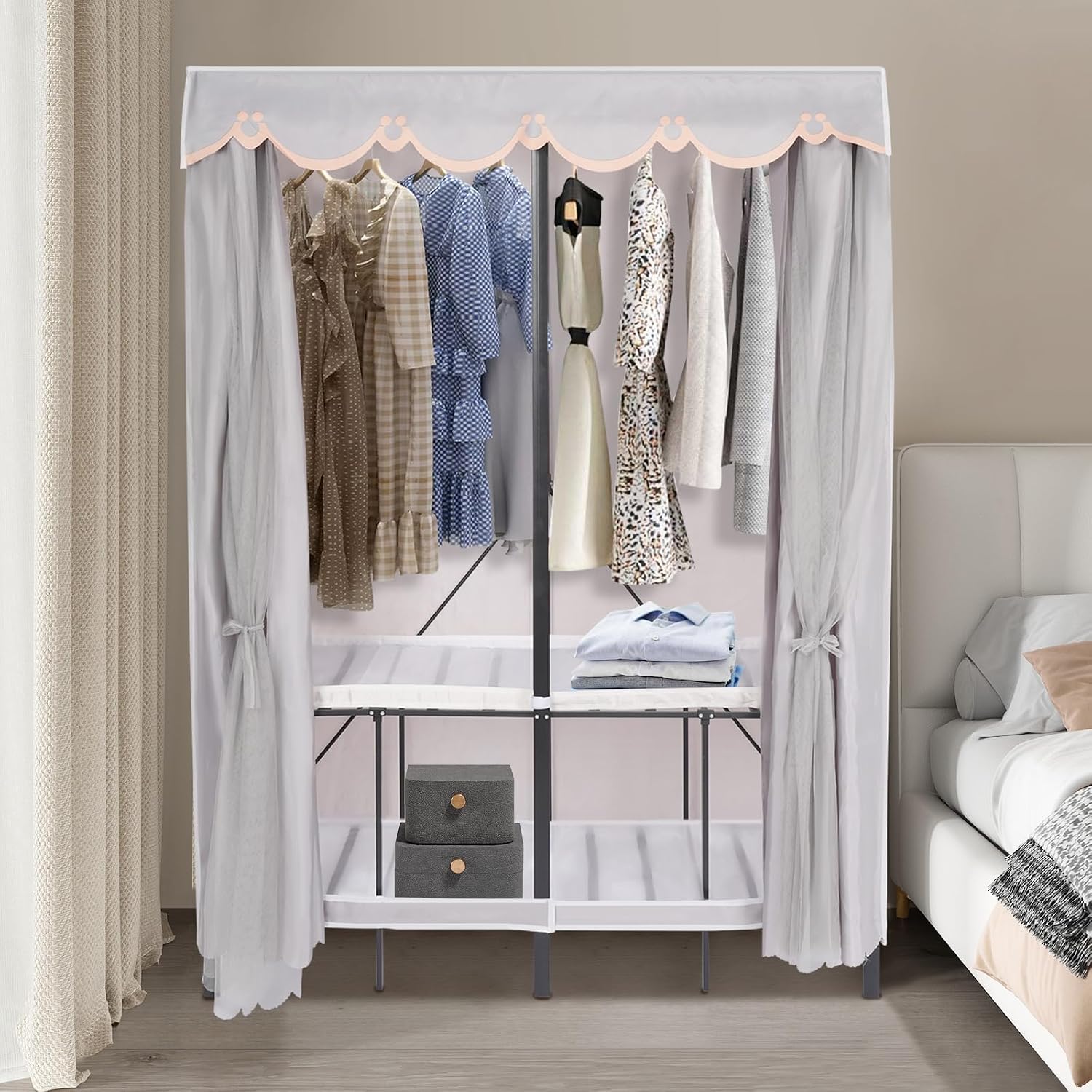 Portable Wardrobe Closet Rack, 1102lbs Heavy-Duty Foldable Garment Racks with Cover, Enclosed Curtain Armoires, for Hanging Clothes, Bedroom, 50 x 20.47 x 67.72inch