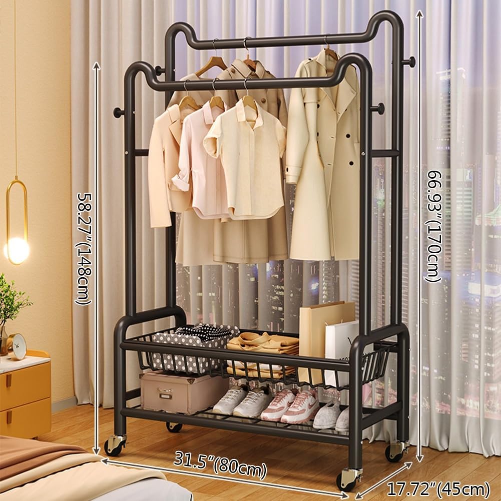 Multifunctional Bedroom Garment Rack on Wheels, Freestanding Clothing Organizer Rack, with Bottom Shelf and Hooks, for Coats, Shirts, Dress