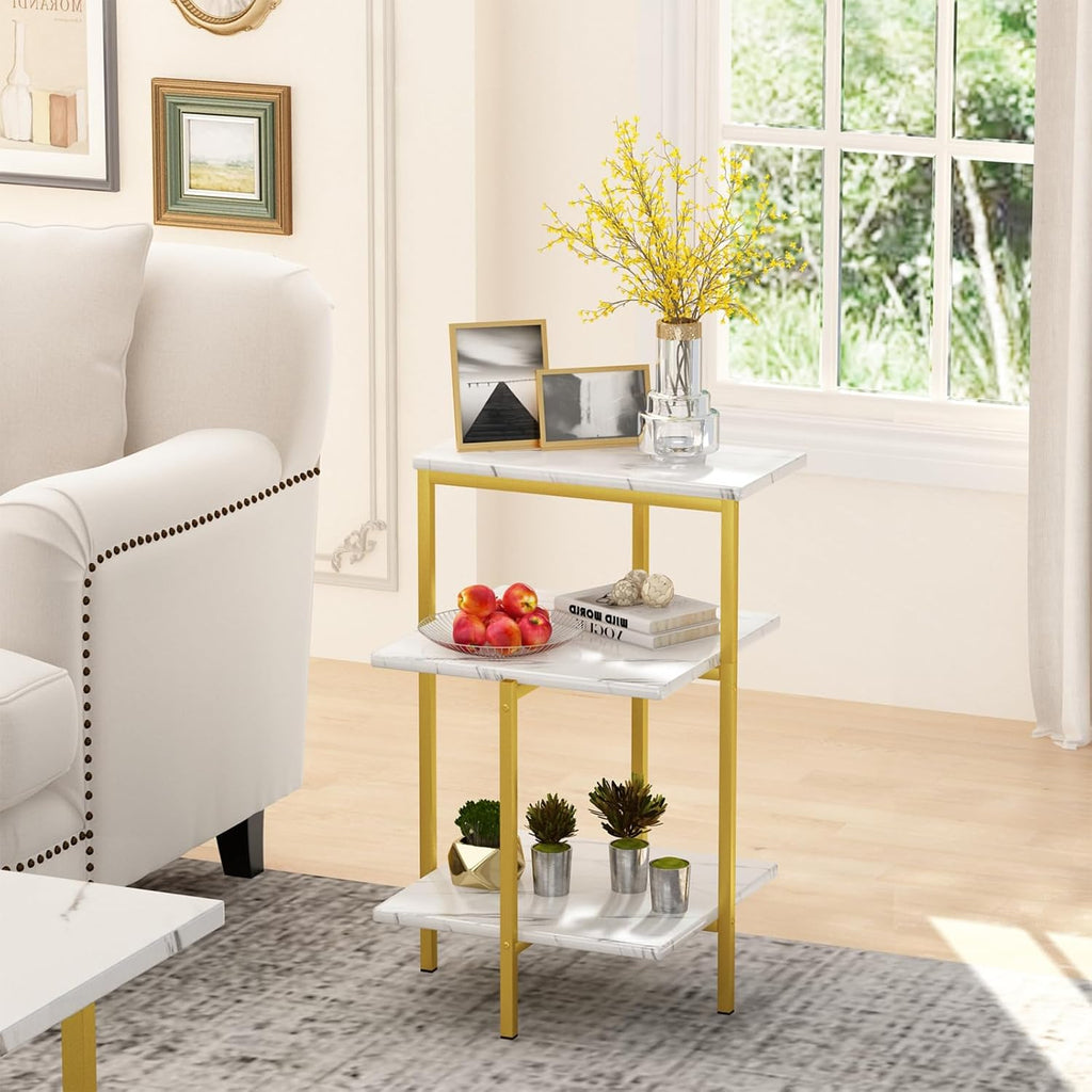 AWQM Faux Marble Table Set, Coffee Table & 2 Side Table, Faux Marble Tabletop and Metal Frame, 3 Piece Table Sets, for Living Room Apartment, White & Gold