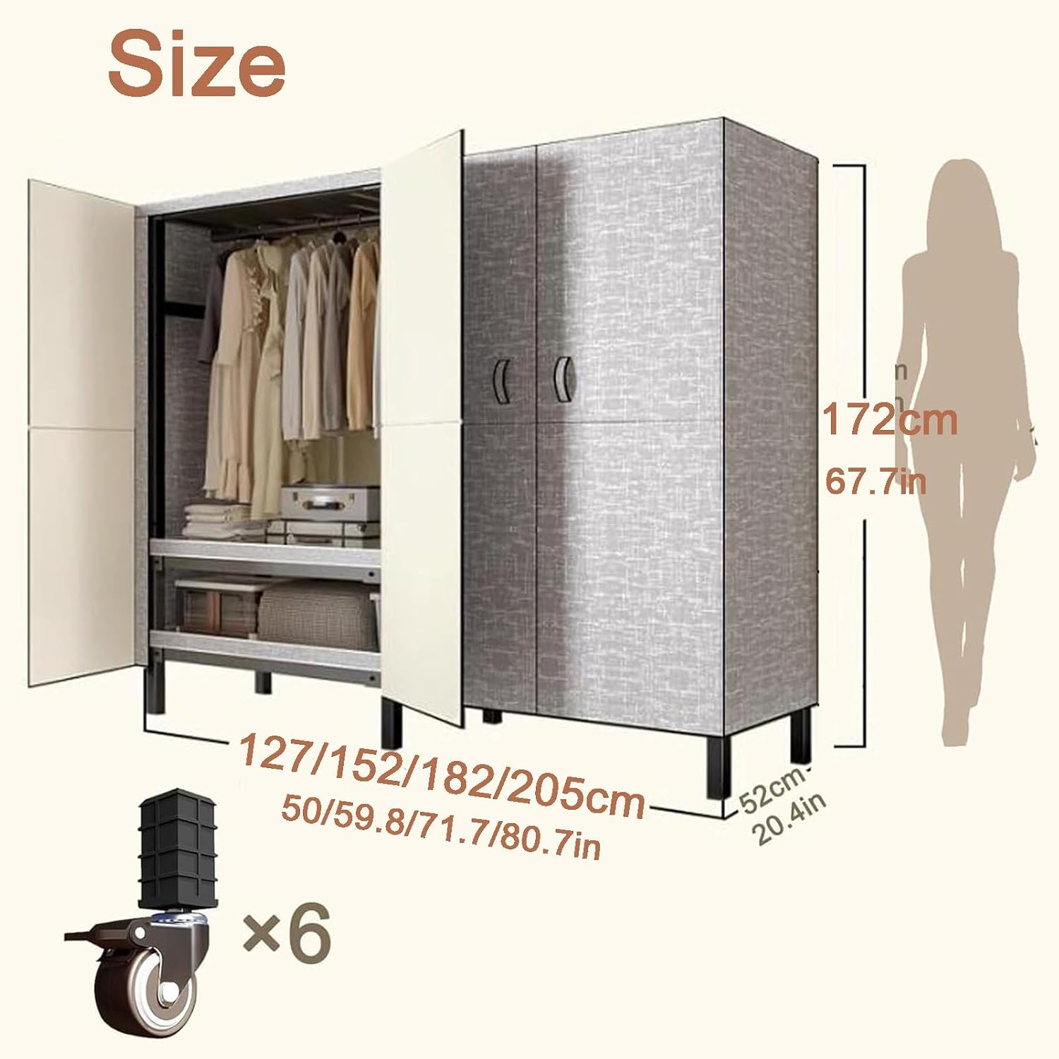 Heavy Duty Wardrobe with Cover, Load 2000 lbs Foldable Portable Closets for Hanging Clothes Freestanding Clothing Rolling Garment Rack(125cm/49.2in)