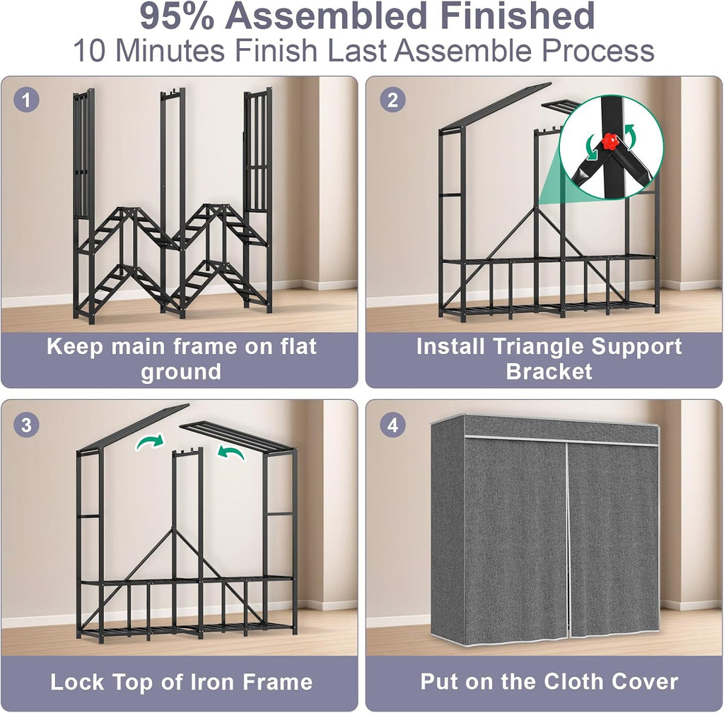 95% Assembled 66' L Clothes Racks for Hanging Clothes, Premium Metal Strong Heavy Duty Clothes Rack with Cover, Portable Foldable Freestanding Garment Rack, Black