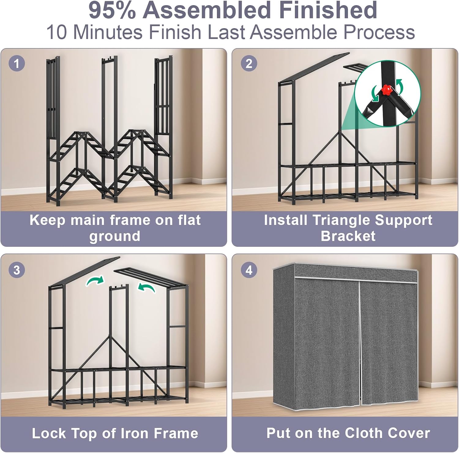 95% Assembled 66' L Clothes Racks for Hanging Clothes, Premium Metal Strong Heavy Duty Clothes Rack with Cover, Portable Foldable Freestanding Garment Rack, Black