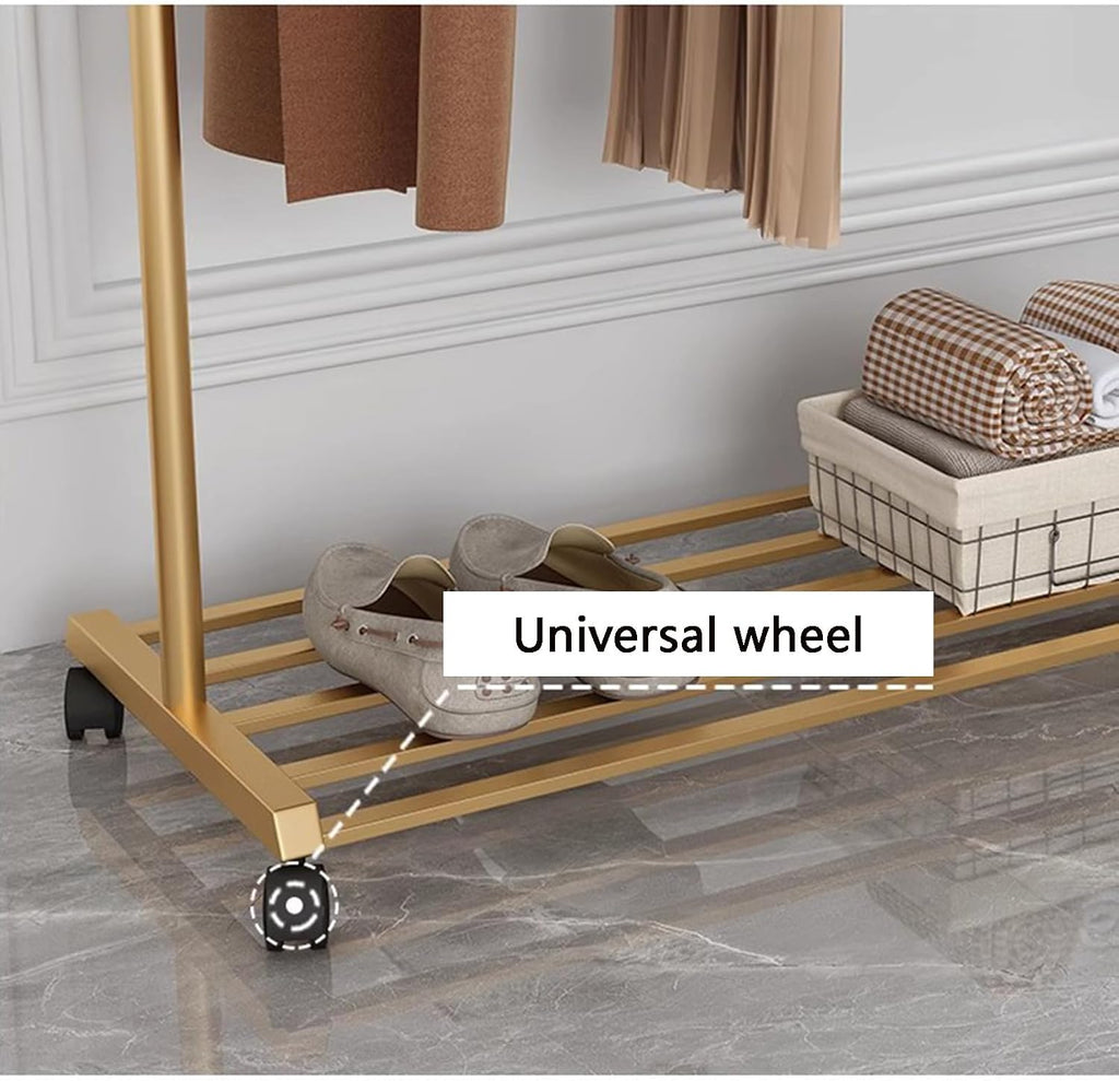 Heavy Duty Coat Rack, Garment Rack Modern Golden Clothing Rack On Wheel, Freestanding Metal Coat Rack with Hooks and Shelves, Space-Saving Coats Hanger Stand for Hanging Clothes (100X33X170CM)