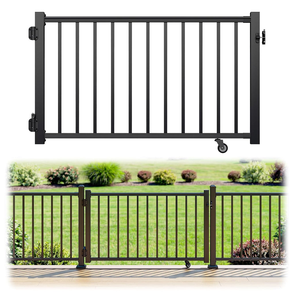 Egadis 35in. H x 5ft. W Aluminum Deck Gate Kit with Caster, Hinges & Lock — Cuttable AAMA2604 Black Textured Powder-Coated Outdoor Fence Gate for Decks, Patios, Backyards, Porches