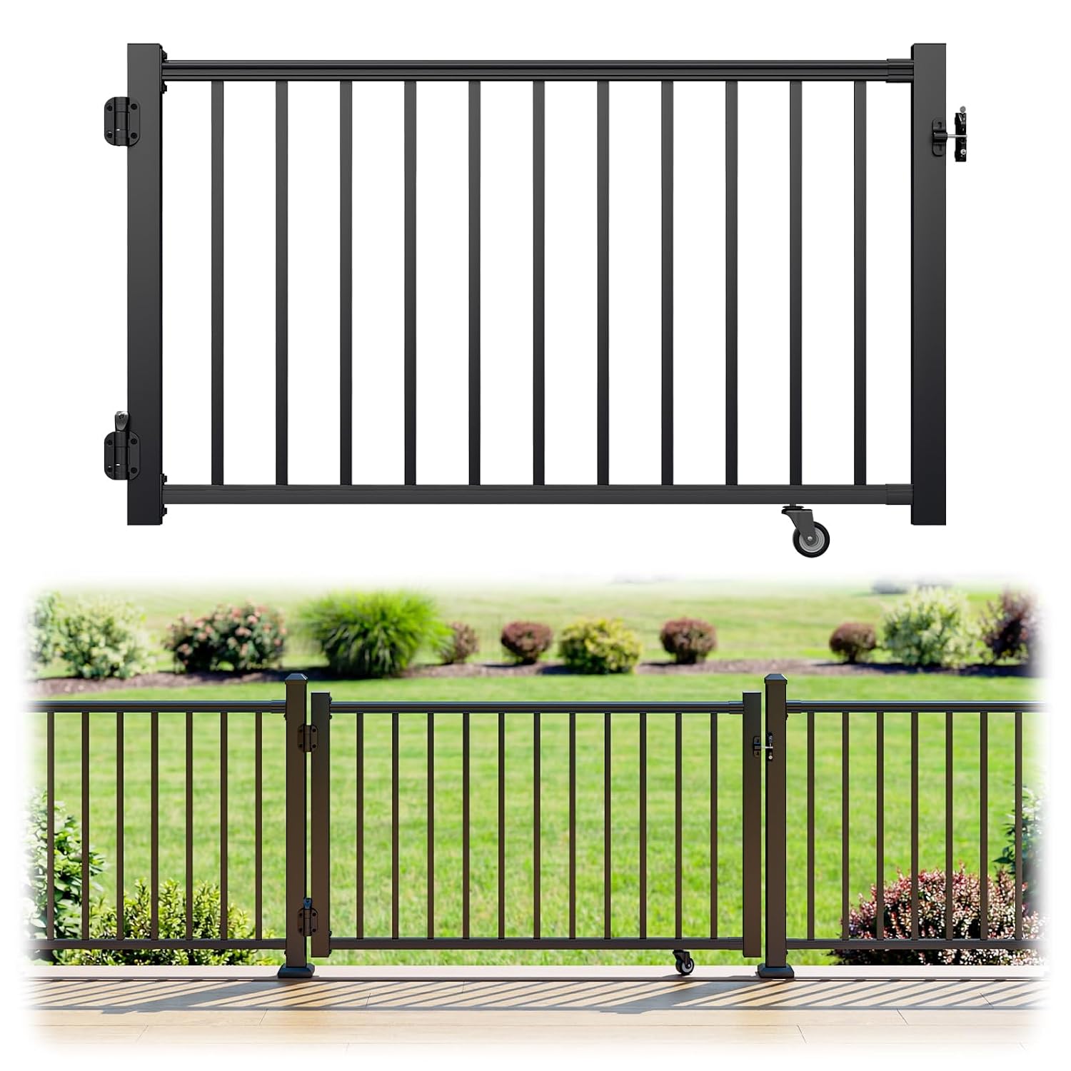 Egadis 35in. H x 5ft. W Aluminum Deck Gate Kit with Caster, Hinges & Lock — Cuttable AAMA2604 Black Textured Powder-Coated Outdoor Fence Gate for Decks, Patios, Backyards, Porches