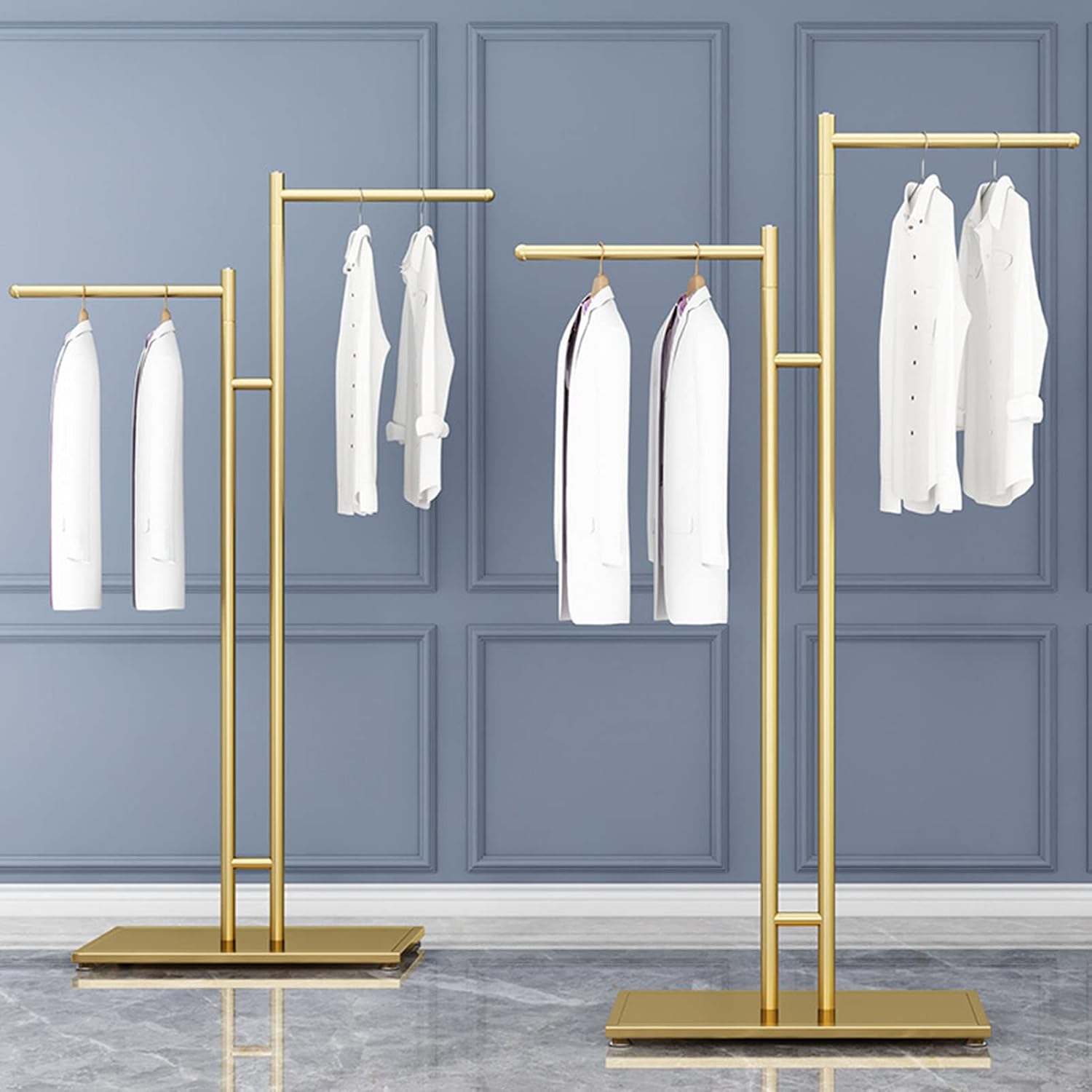 Boutique Metal Hanger Garment Display Stand, Creative Gold 2-Way Clothing Rack with Straight Arms Entrance Porch Hanging Garment Rack, Suit Shirts Freestanding Garment Rack Display Stand (Gold High a