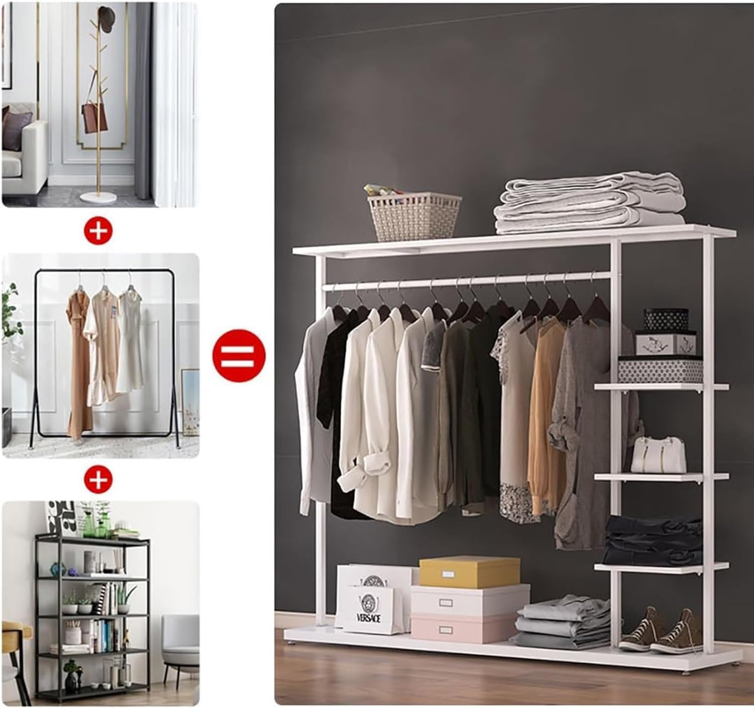 Hangers Display Stand - Garment Rack With Shelf, Metal Clothing Rack Free Standing Closet Organizer With 5 Tier Shelf,Large Clothing Display Stand For Home, Clothing Stores Organizer Shelf(Color:White