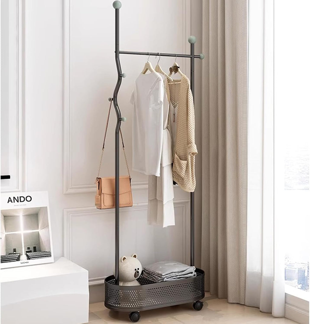 Heavy duty Garment rack Metal Clothes Rail on Wheel, Freestanding coat rack with storage basket and 4 hooks,Space-saving clothing rack for entryway bedrooms and Office, clothes organ (Black 65X32X175