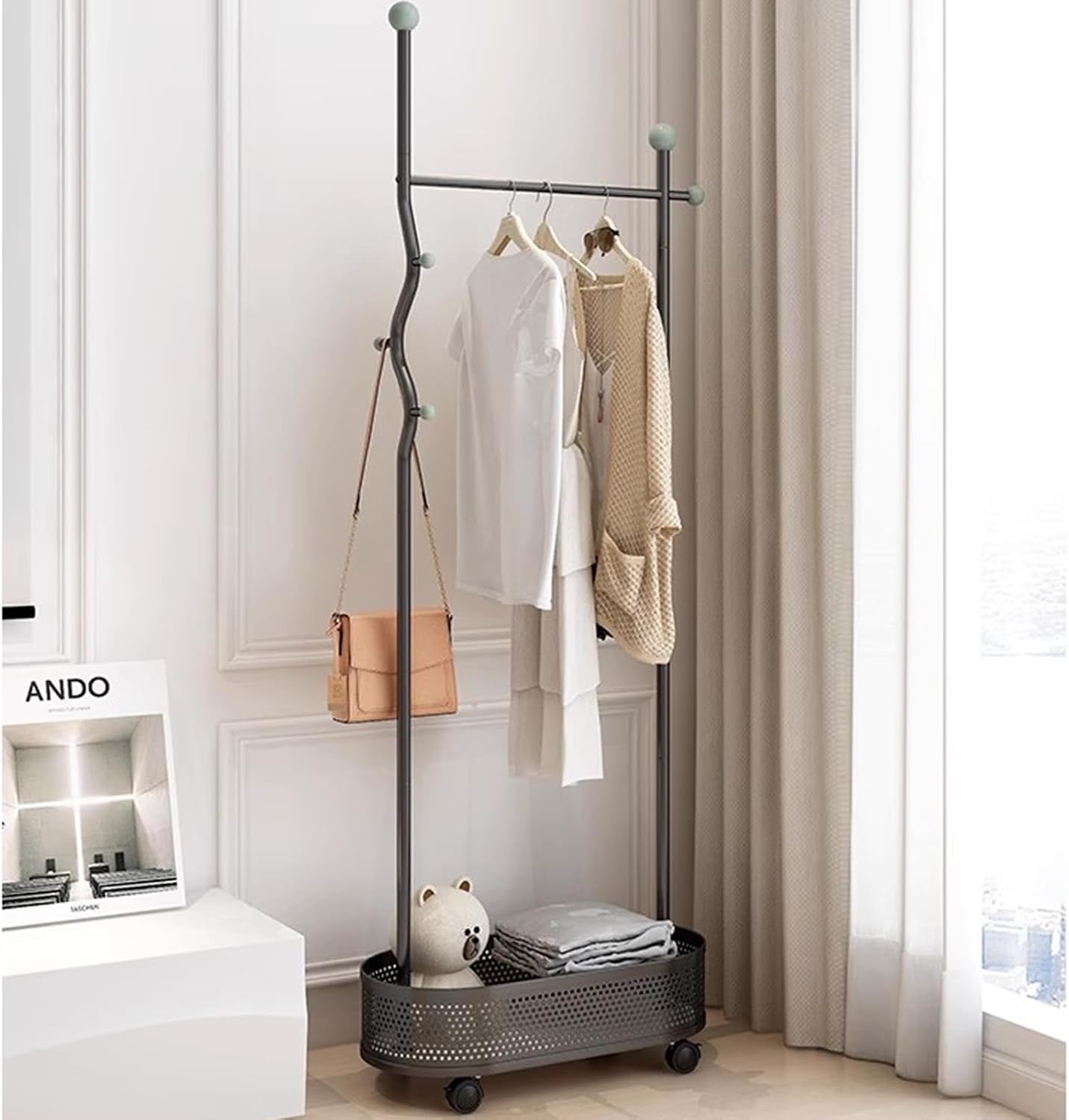 Heavy duty Garment rack Metal Clothes Rail on Wheel, Freestanding coat rack with storage basket and 4 hooks,Space-saving clothing rack for entryway bedrooms and Office, clothes organ (Black 65X32X175