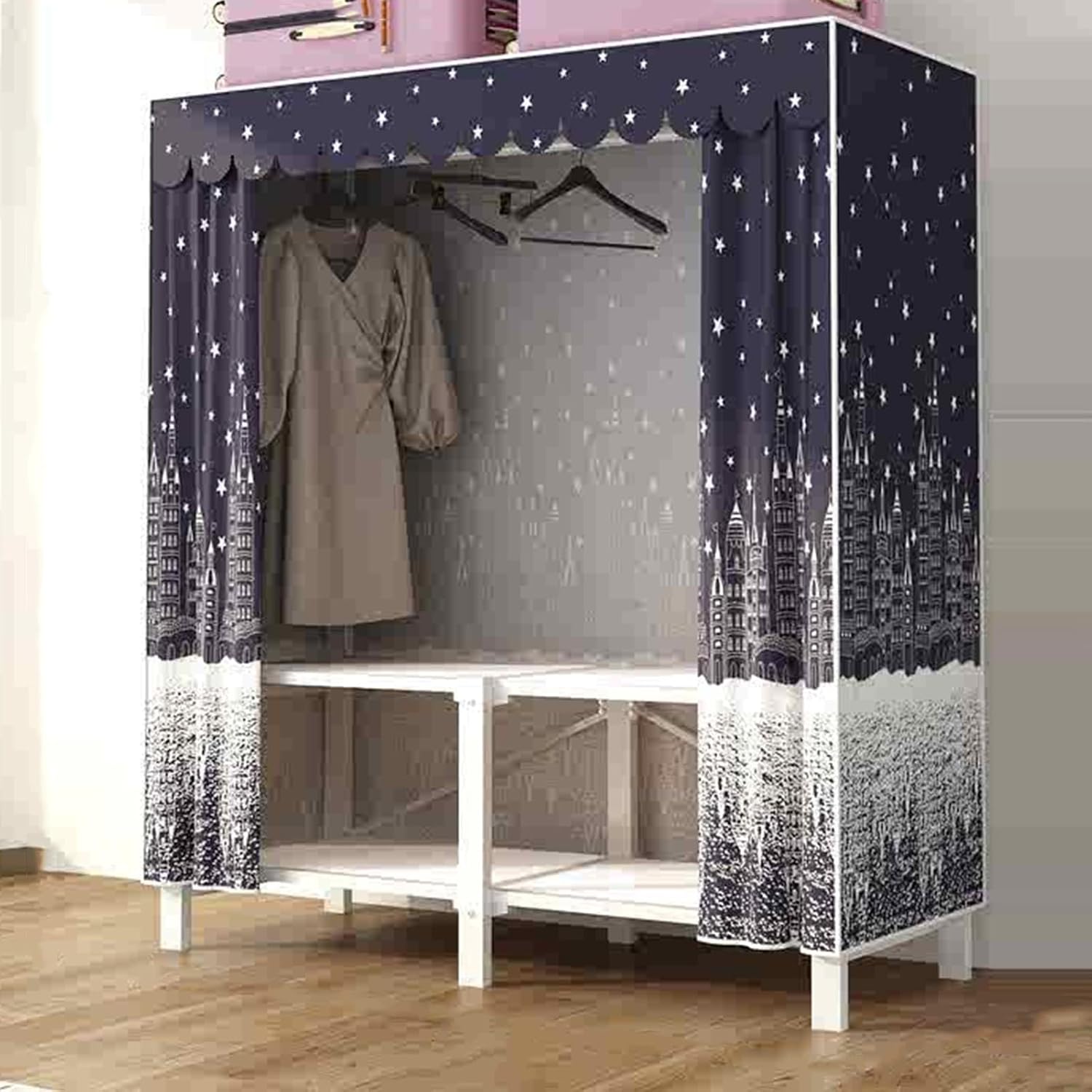 Portable Closet Wardrobe,Spacious Steel Tube Clothes Storage Organizer,Freestanding Coat Storage Garment Racks,for Bedroom Free Standing Clothes Rack with Cover(Color 2)