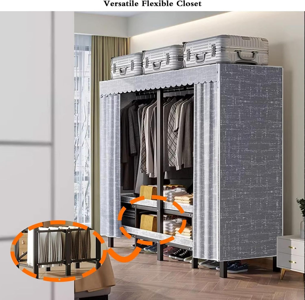 Wardrobe Closet - Collapsible Heavy Duty Portable Closet Wardrobe Clothes Rack With Cover, 1200Ibs Freestanding Metal Clothing Rack, With 2 Hang Rods, 4 Shelves Adjustable Closet Rack(150*52*180cm)