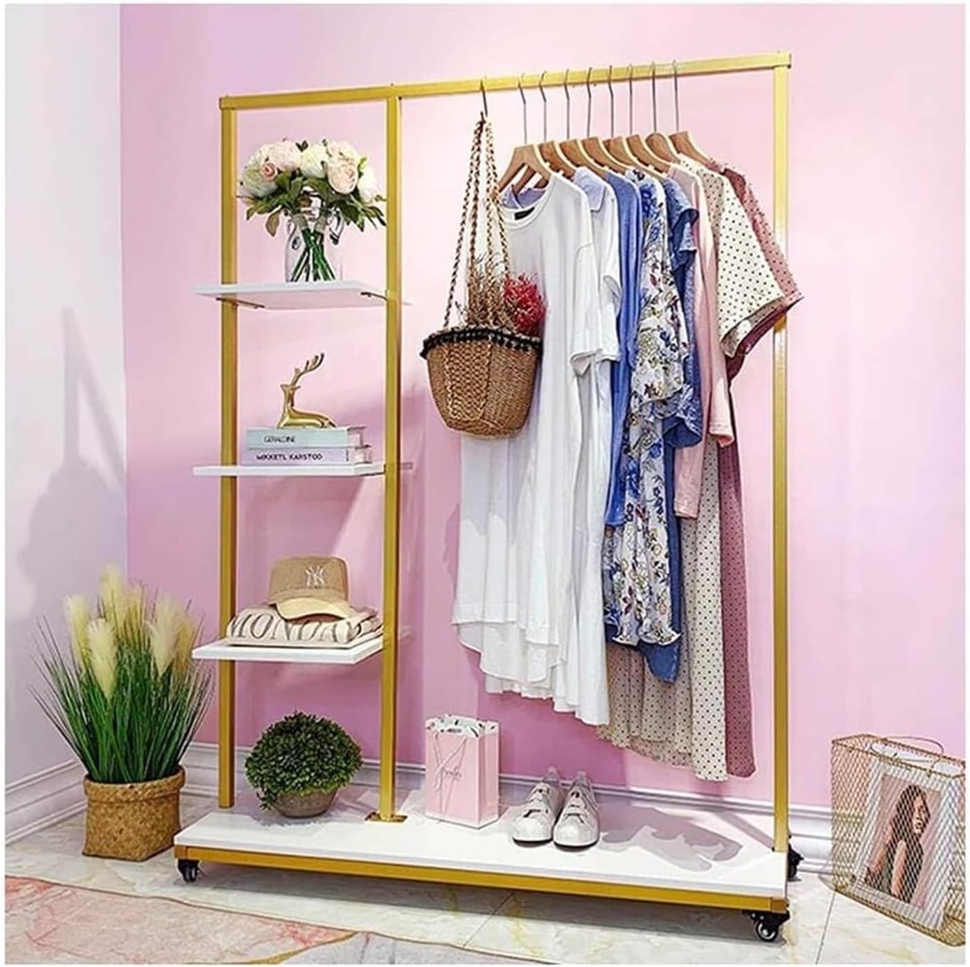 Metal Clothes Garment Racks with 4 Wood Storage Shelves, Heavy Duty Free-Standing Clothing Rack Large Closet Organizer for Boutique 360° Universal Wheels Easy to Move(120x40x165cm)