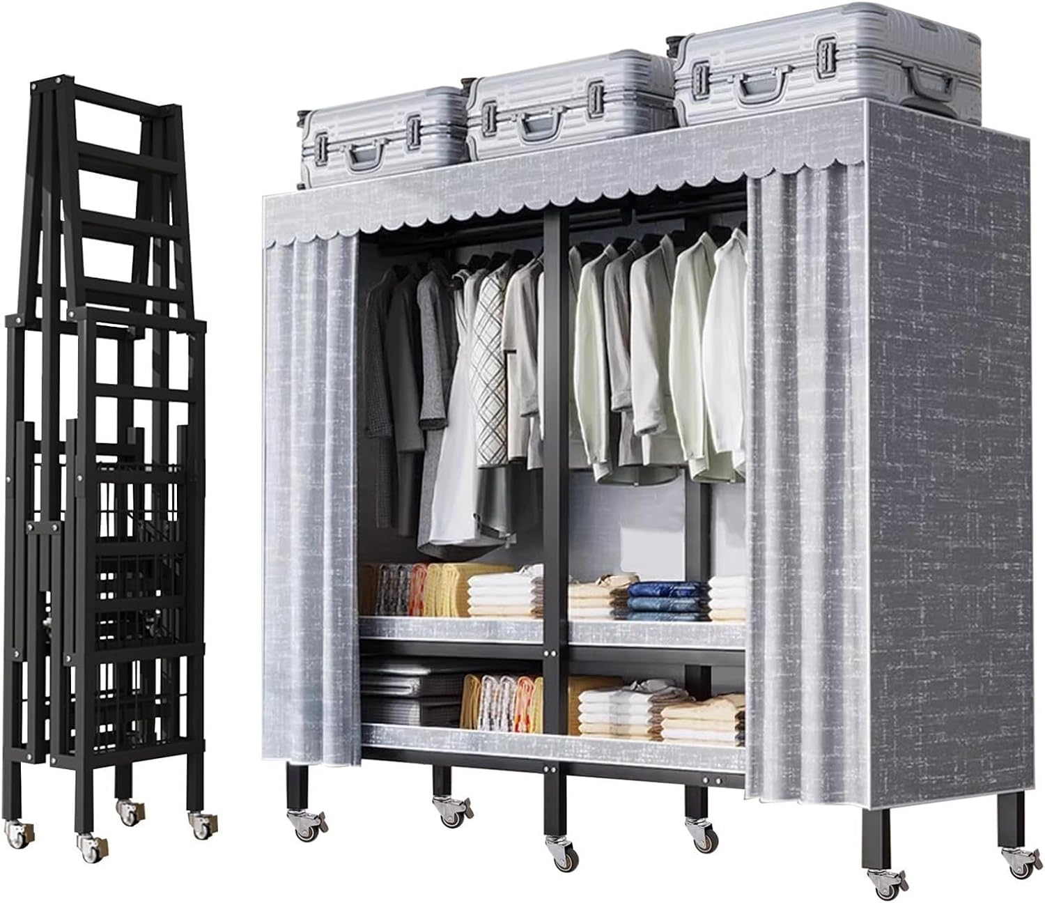 Large Foldable Wardrobe Closet - Heavy Duty Portable Rolling Garment Rack With Cover, For Hanging Clothes Freestanding Clothing Coat Storage Rack Load 2000lbs, Clothes Storage Organizer ( Size : 203*5