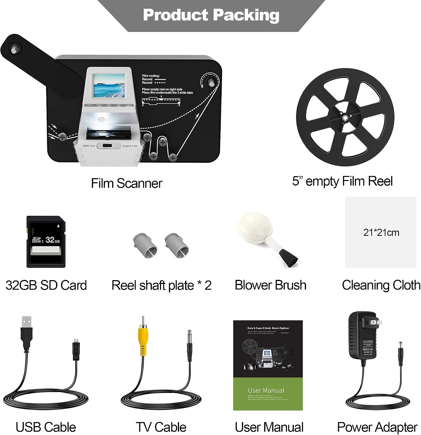 8mm & Super 8 Film to Digital Converter, Super 8 Scanner with 2.4' LCD | Supports 3', 5', 7' and 9' reels, Converts Film to MP4, Includes 32GB SD card, Frame-by-frame scanning, No Computer Required