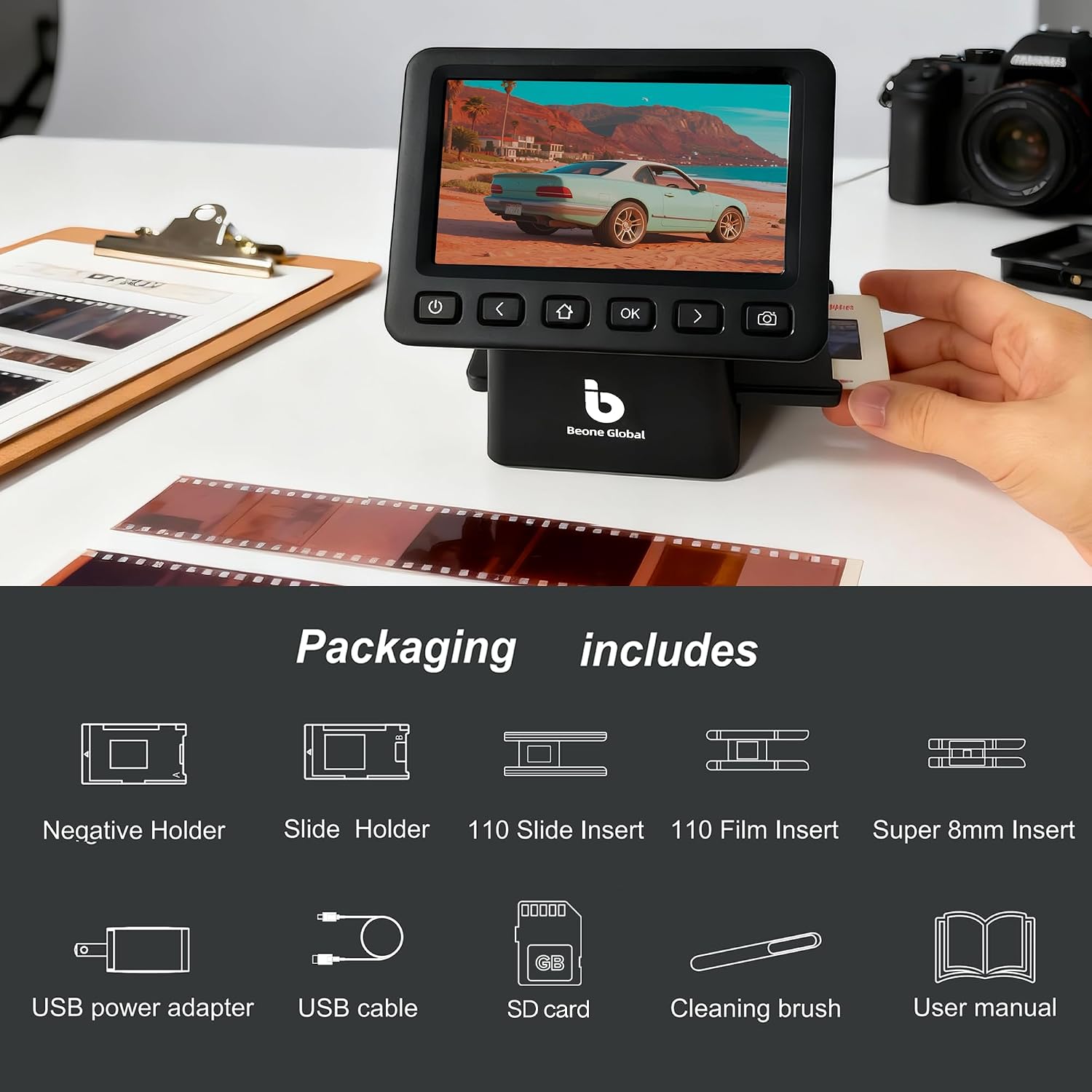 BEONEGLOBAL ClearScan P5 Film Scanner with SD Card, Upgraded Version, 24MP High-Resolution 35mm/135/126/110/Super 8 Film & Slide Converter with 5' LCD, Quick Digital JPEG Conversion