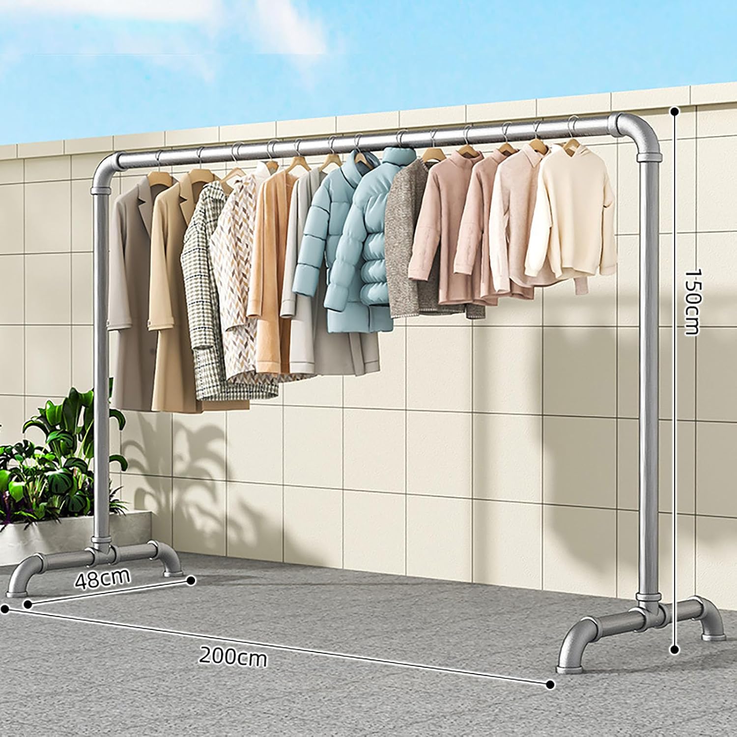 Portable Clothes Rack, Freestanding Metal Garment Rack with Stable Base, Industrial Pipe Design for Hanging Coats, Skirts, Shirts, Sweaters, Indoor & Outdoor Use (2x1.5m)