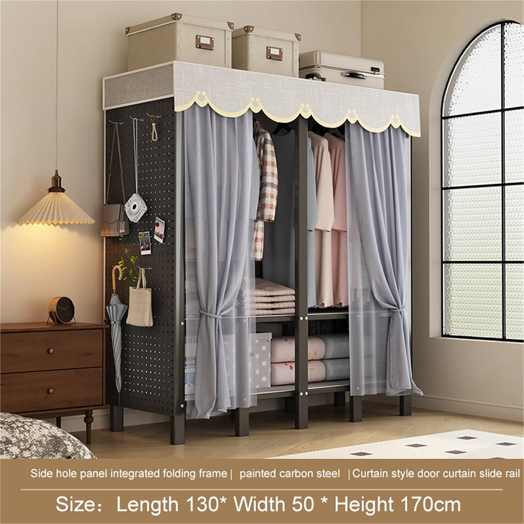 Foldable Garment Rack With Cover, Heavy-Duty Portable Closet With Steel Frame, Large Freestanding Wardrobe For Hanging Clothes Coat Storage, 2000LBS Capacity Metal Clothing Rack Armoire(130cm)