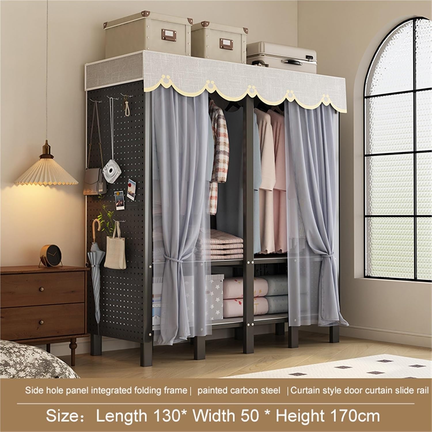 Foldable Garment Rack With Cover, Heavy-Duty Portable Closet With Steel Frame, Large Freestanding Wardrobe For Hanging Clothes Coat Storage, 2000LBS Capacity Metal Clothing Rack Armoire(130cm)