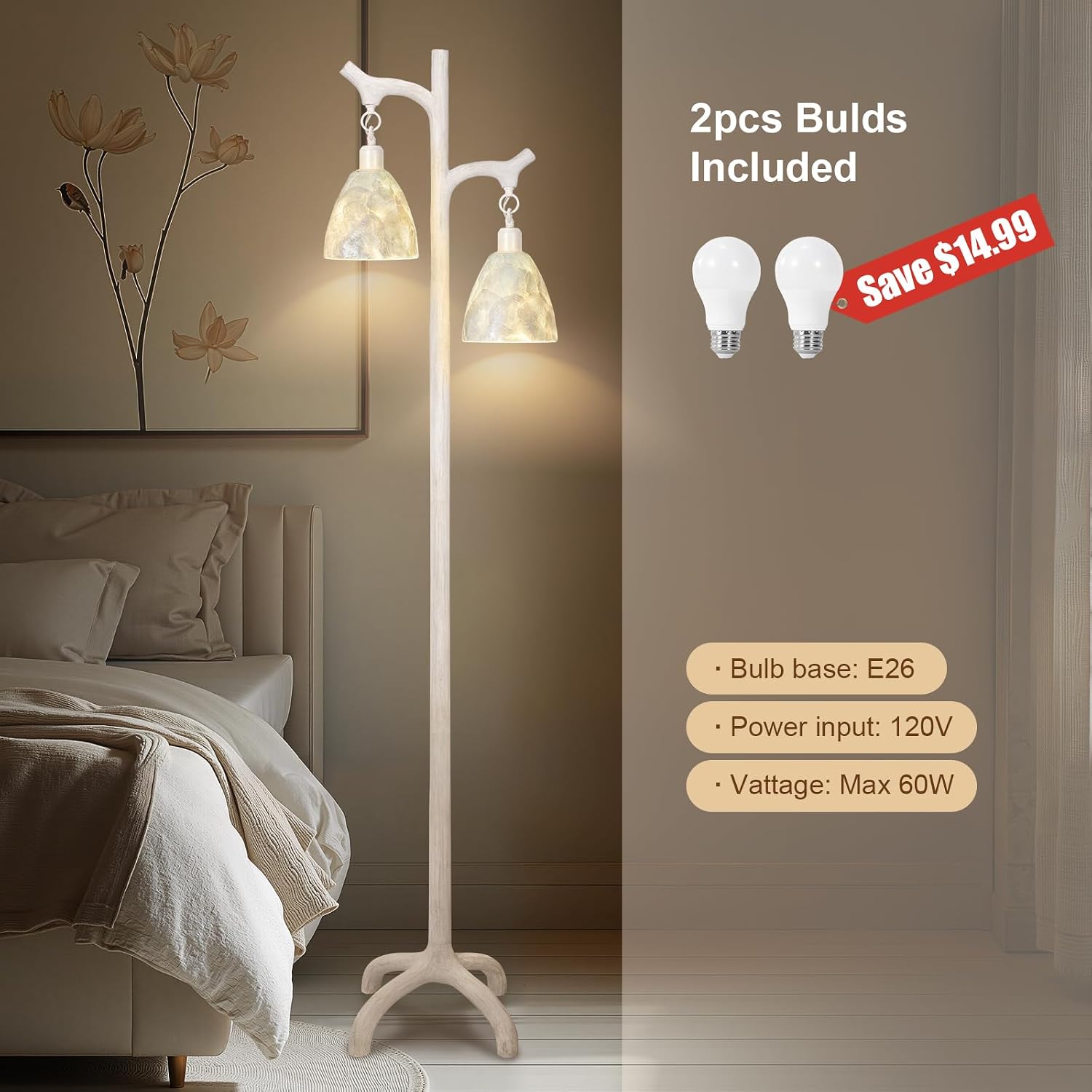 68' Washed White Rustic Floor Lamp with Soft Pearl Shell Lamp Shade for Living Room, Standing Lamp for Bedroom, Farmhouse Floor Lamp Stepless Dimmable Tree Trunk Tall Lamp for Bedroom (Bulb Included)